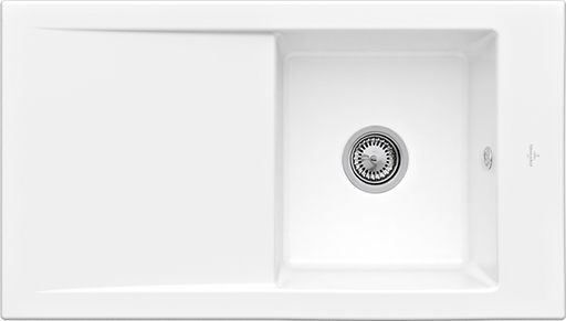 Villeroy & Boch Timeline 50 flat flächenbündige Spüle inklusive Ablaufgarnitur mit Handbetätigung, aus Keramik, 865x475mm, Weiß Alpin CeramicPlus