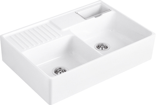 Villeroy & Boch Gootsteen met dubbele spoelbak Gootsteen dubbele spoelbak inclusief Afvoergarnituur met afvoergarnituur met handbediening, van Keramiek, 895x630mm, Snow White CeramicPlus