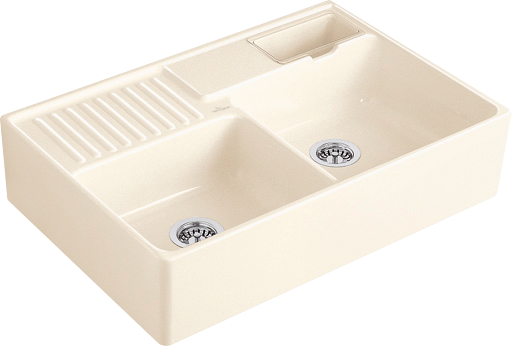 Villeroy & Boch Spülstein Doppelbecken Spülstein Doppelbecken inklusive Ablaufgarnitur mit Handbetätigung, aus Keramik, 895x630mm, Crema CeramicPlus