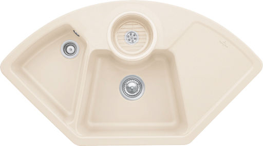 Villeroy & Boch Solo hoek Hoekspoelbak inclusief Afvoergarnituur met afvoergarnituur met handbediening, van Keramiek, 1075x600mm, Ivory CeramicPlus