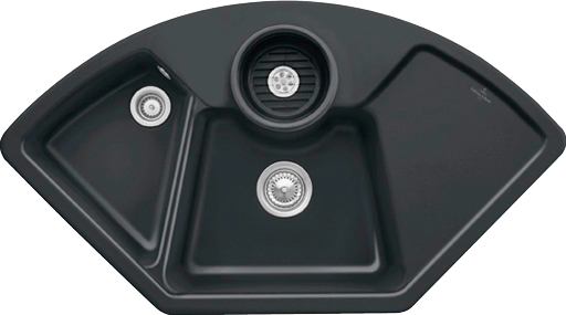 Villeroy & Boch Solo corner Corner sink included Waste system with basket strainer waste, of Ceramic, 1075x600mm, Pure Black