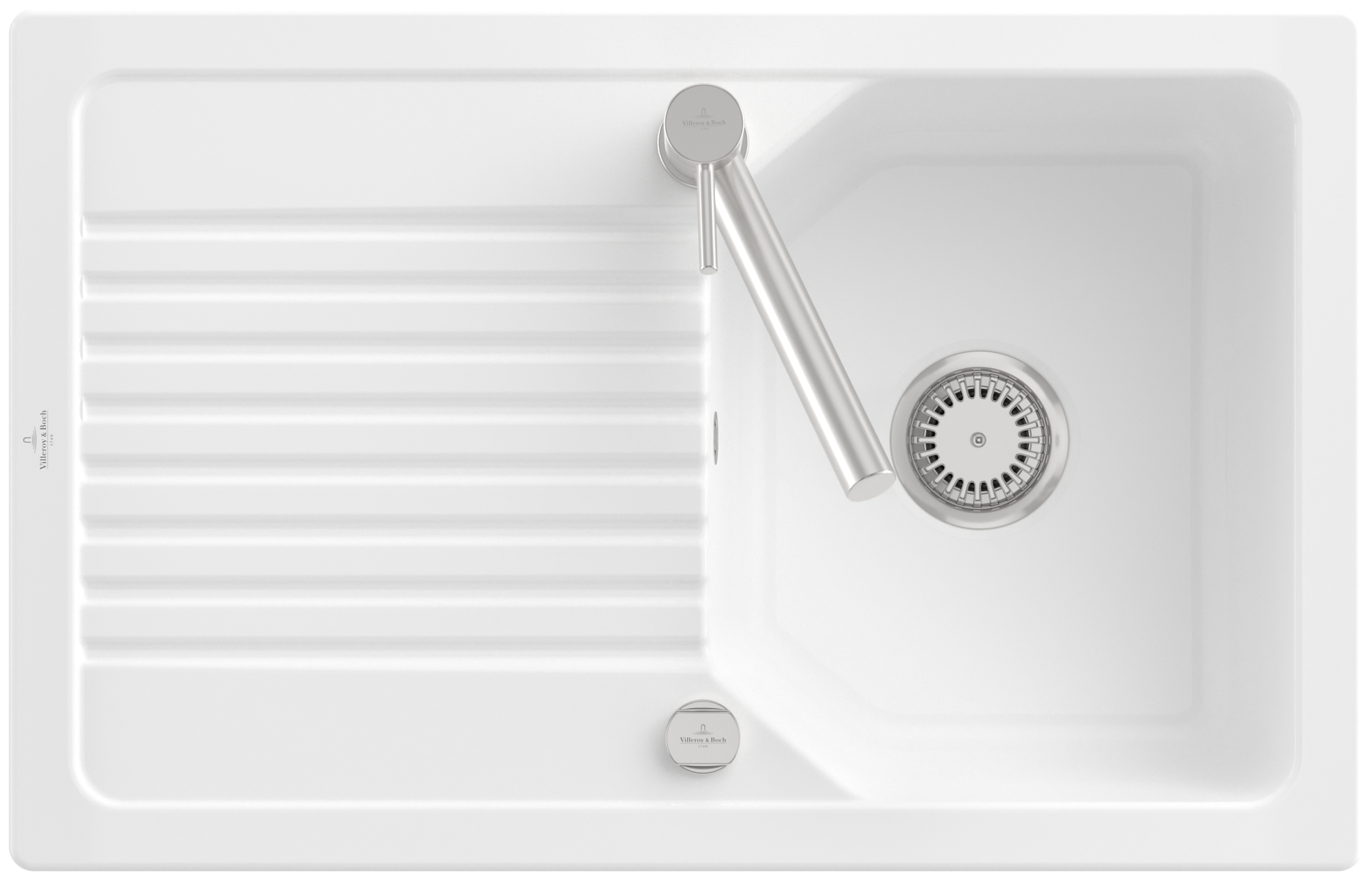Villeroy & Boch Linara 45 Flat Vlakinbouw spoelbak inclusief Afvoergarnituur met afvoergarnituur met wastebediening, van TitanCeram, 780x490mm, White Alpine CeramicPlus