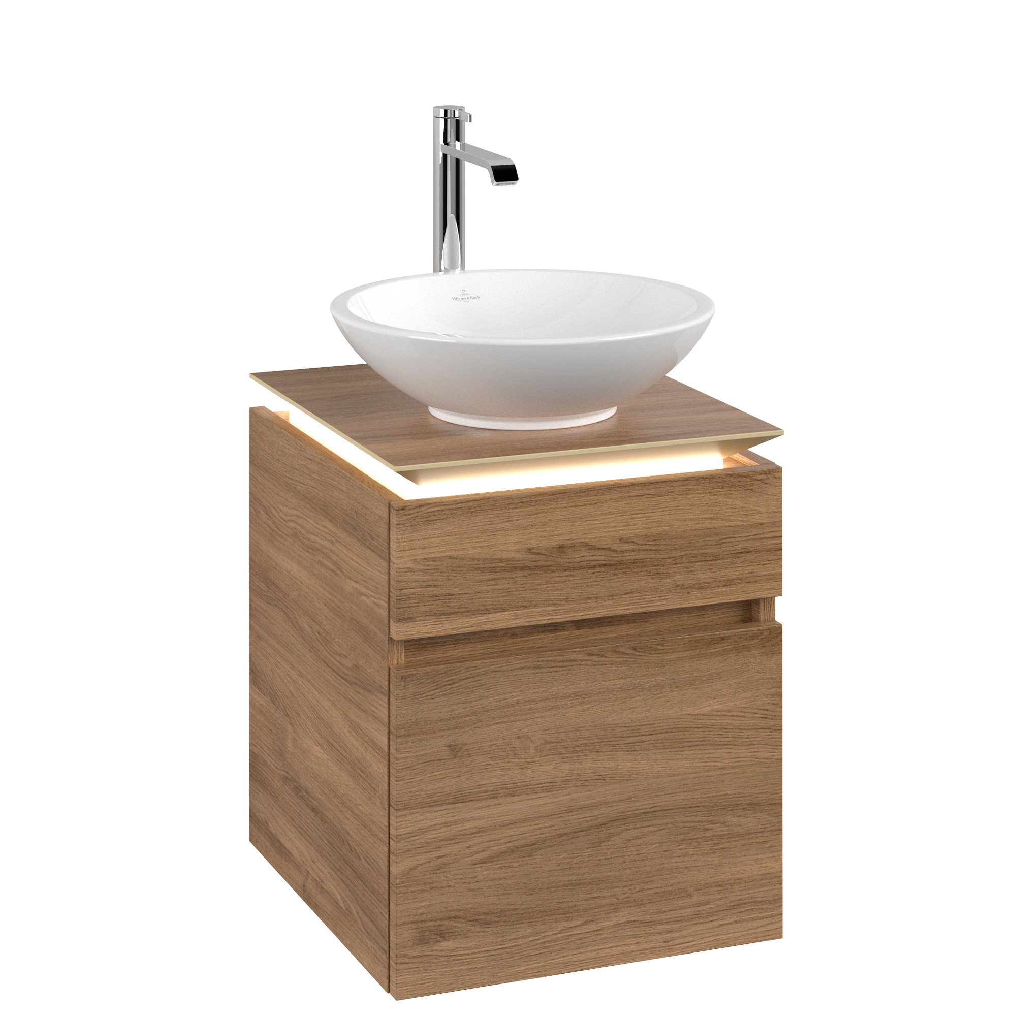 Villeroy & Boch Legato Waschbeckenunterschrank, mit Beleuchtung, 2 Auszüge, 450x550x500mm, Korpus: Kansas Oak, Front: Kansas Oak