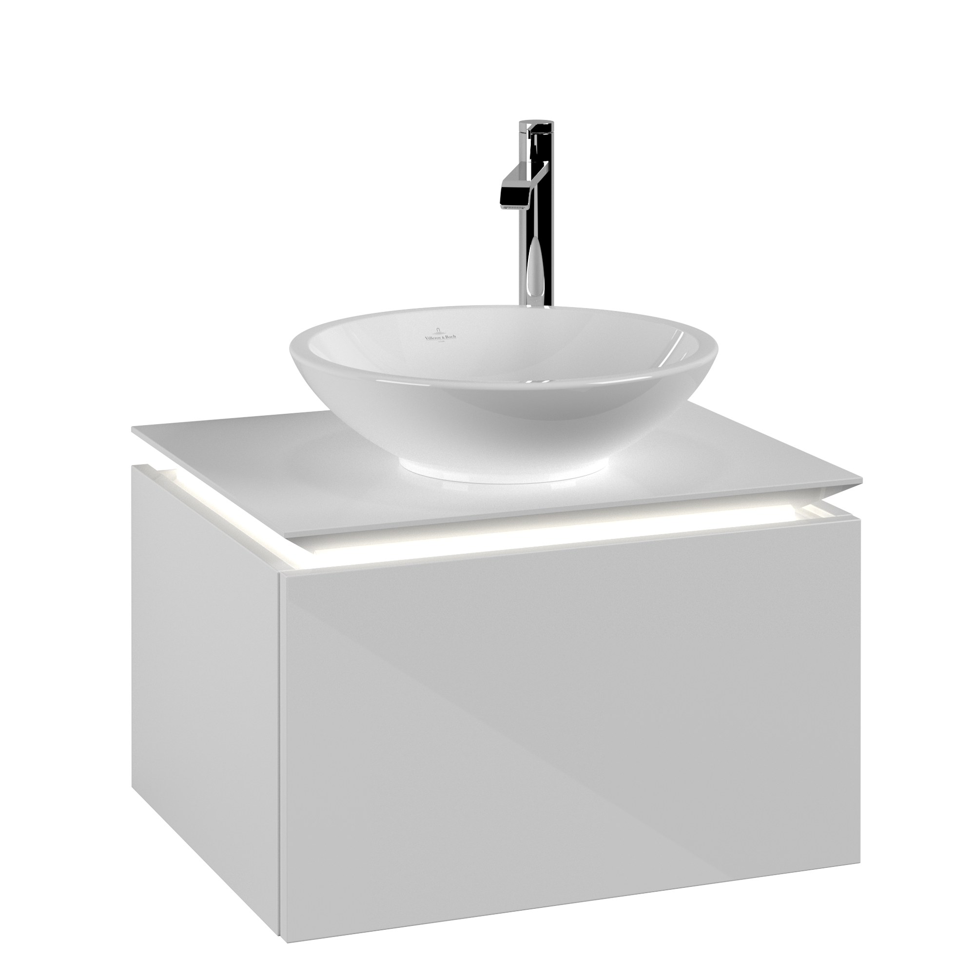 Villeroy & Boch Legato Waschbeckenunterschrank, mit Beleuchtung, 1 Auszug, 600x380x500mm, Korpus: Glossy White, Front: Glossy White