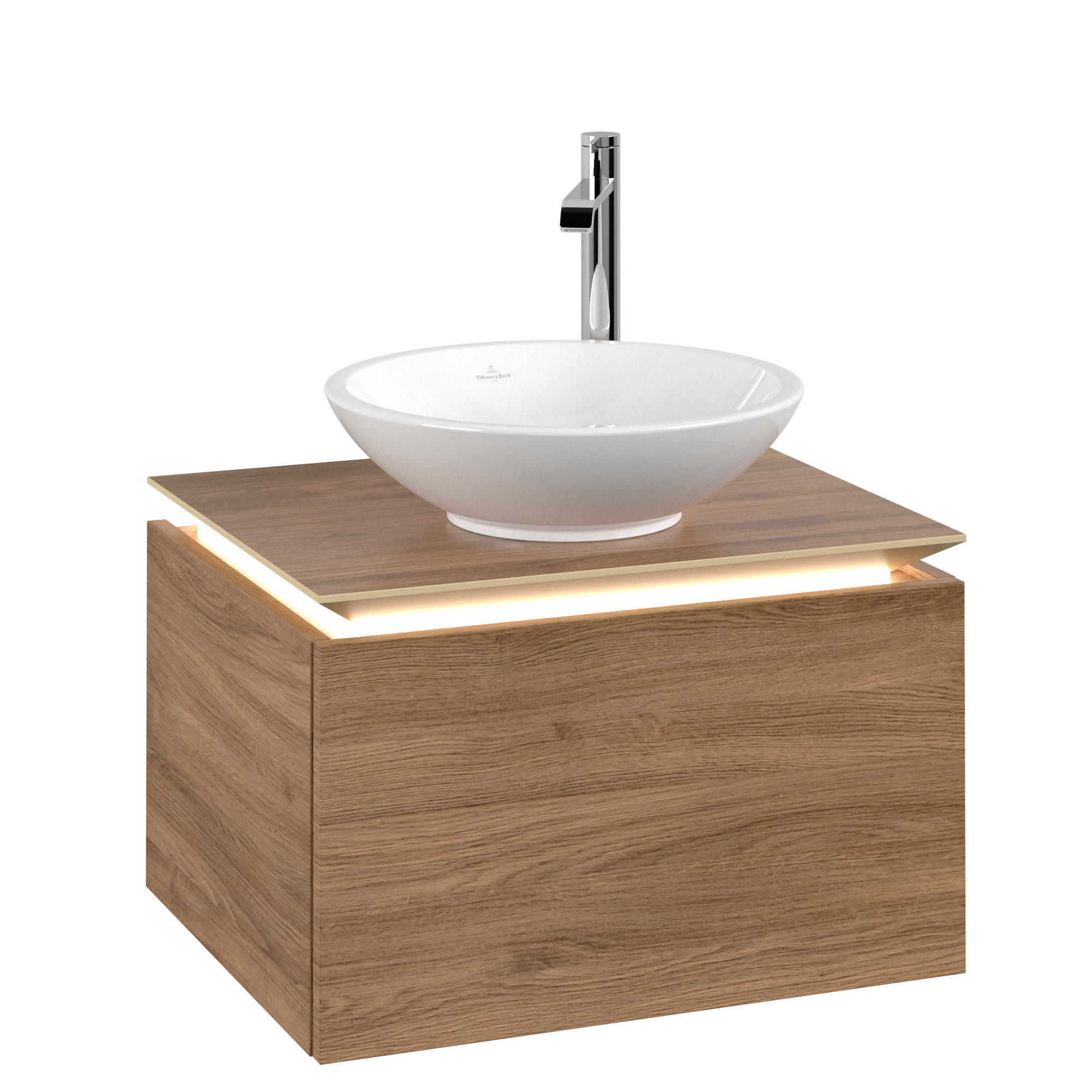 Villeroy & Boch Legato Meuble sous plan, avec éclairage, 1 tiroir sur rails, 600x380x500mm, Caisson: Oak Kansas, Façade: Oak Kansas