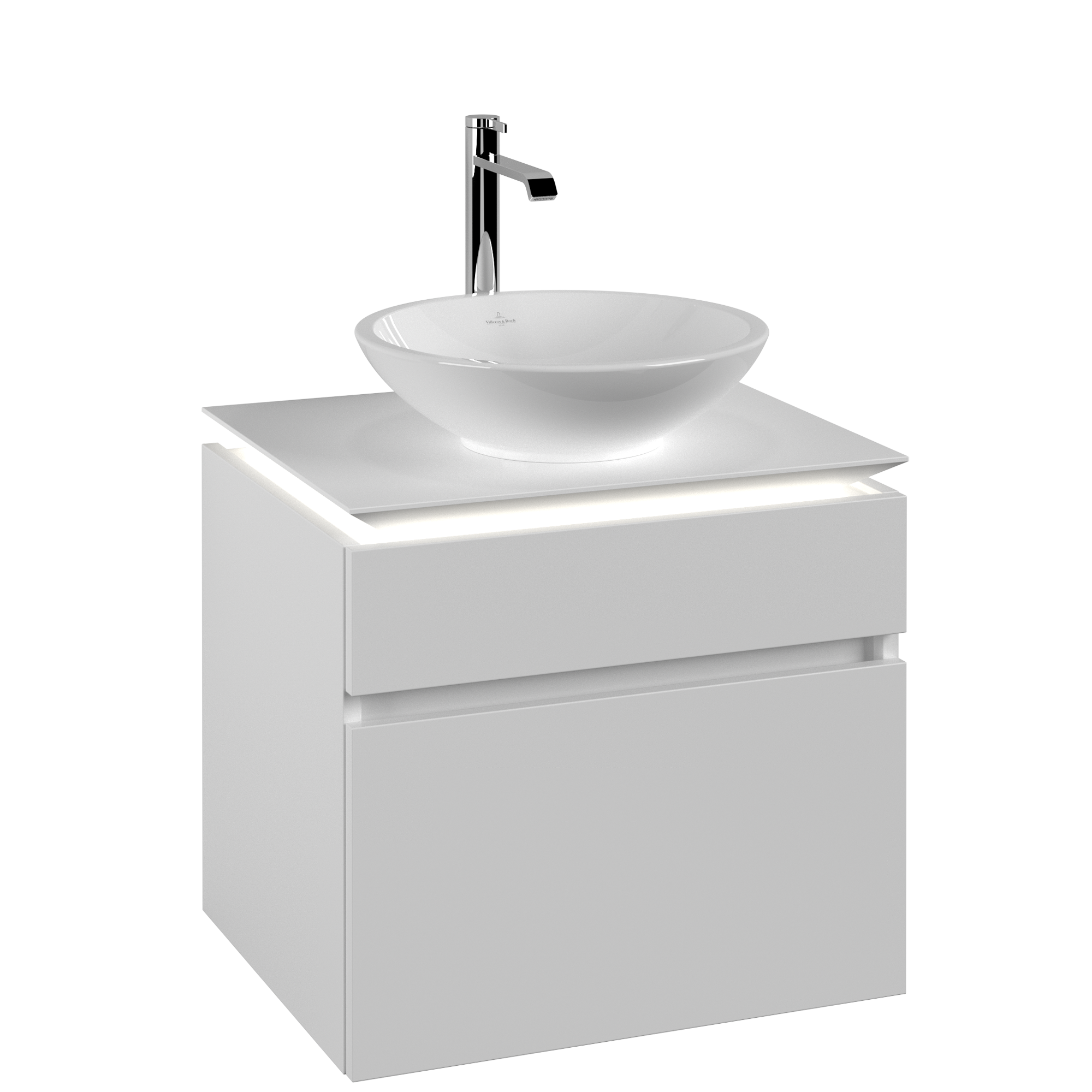 Villeroy & Boch Legato Waschbeckenunterschrank, mit Beleuchtung, 2 Auszüge, 600x550x500mm, Korpus: White Matt, Front: White Matt