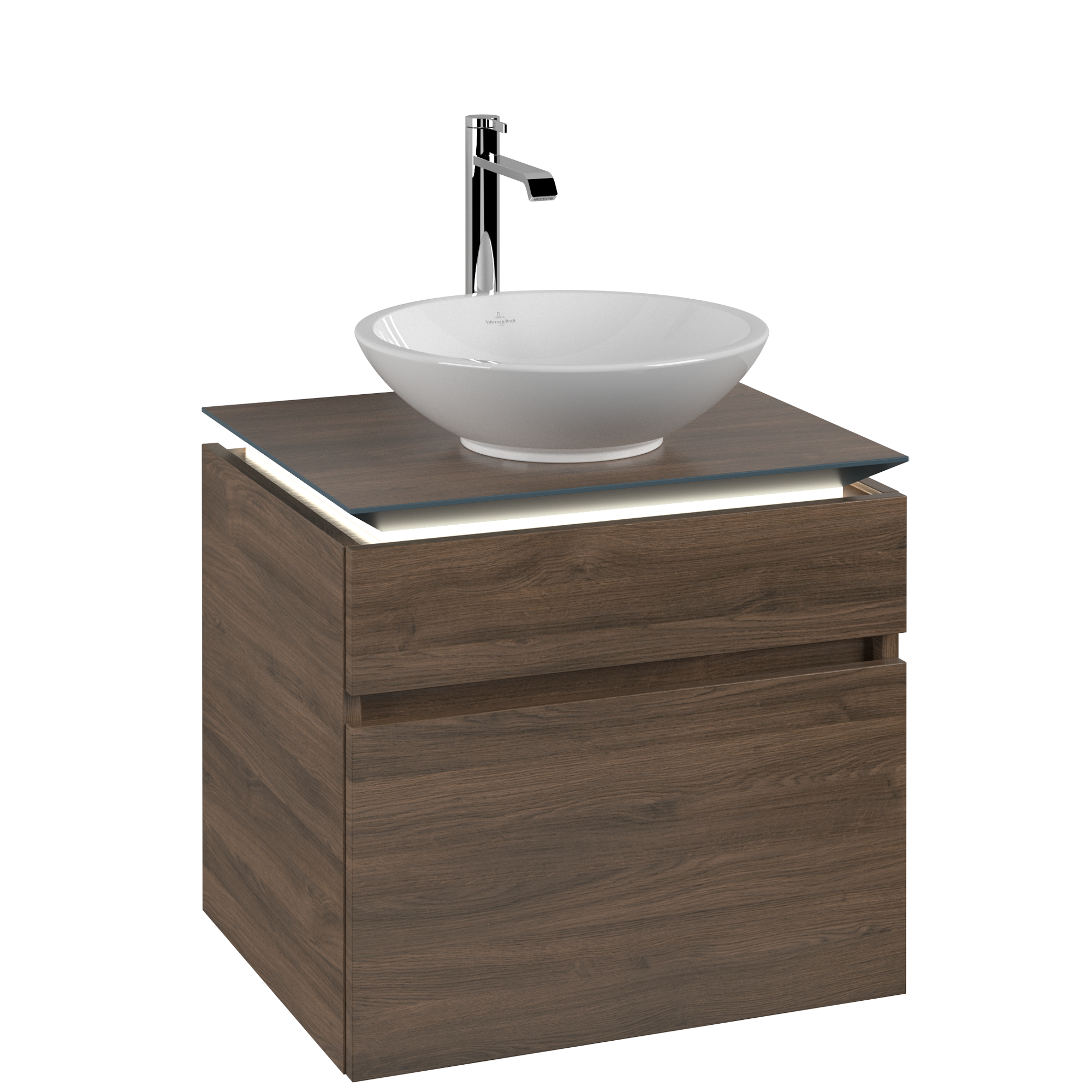 Villeroy & Boch Legato Skåp till tvättställ, med belysning, 2 utdragbara fack, 600x550x500mm, Kropp: Arizona Oak, Framsida: Arizona Oak