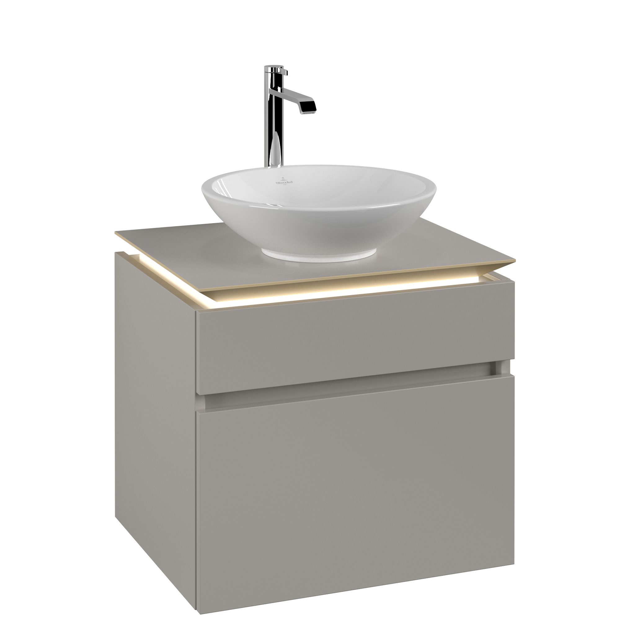 Villeroy & Boch Legato Meuble sous plan, avec éclairage, 2 tiroirs sur rails, 600x550x500mm, Caisson: Soft Grey, Façade: Soft Grey