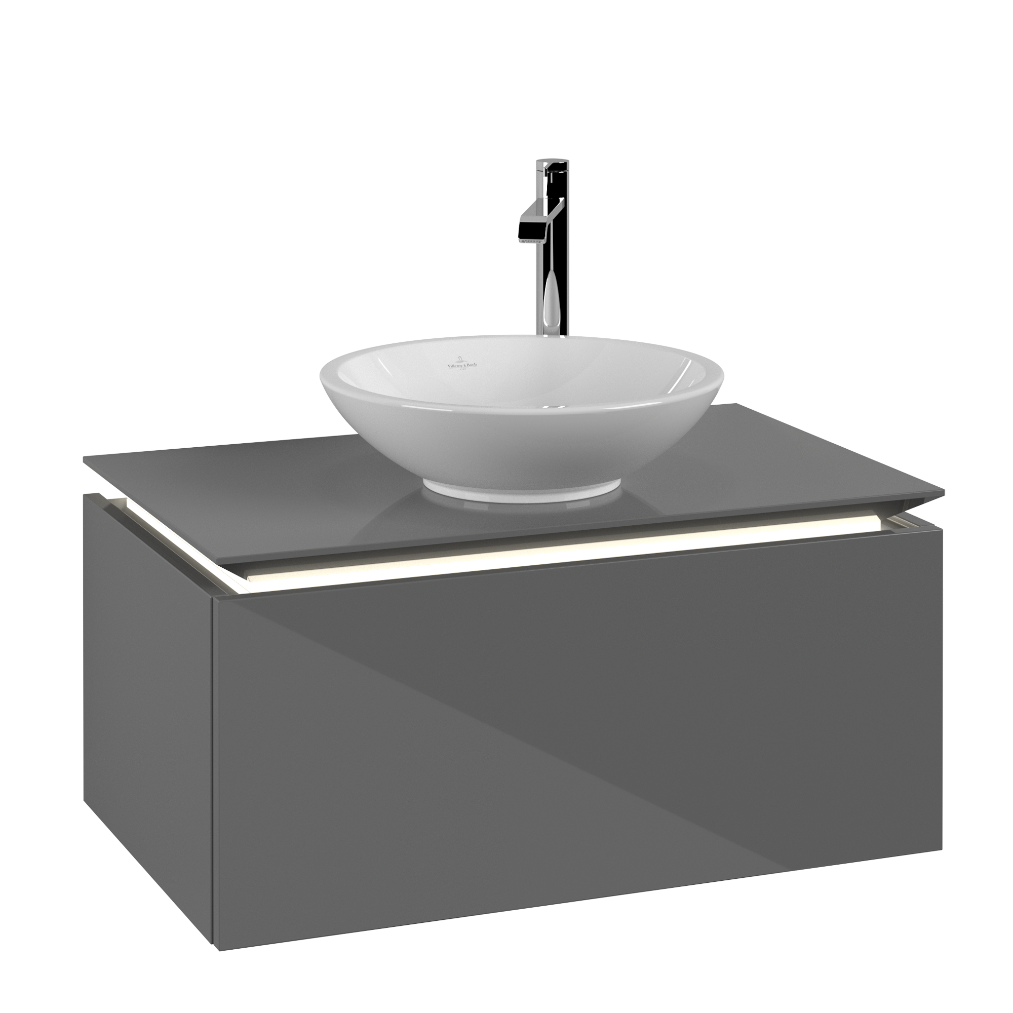 Villeroy & Boch Legato Vanity unit, with lighting, 1 pull-out compartment, 800x380x500mm, Body: Glossy Grey, Front: Glossy Grey
