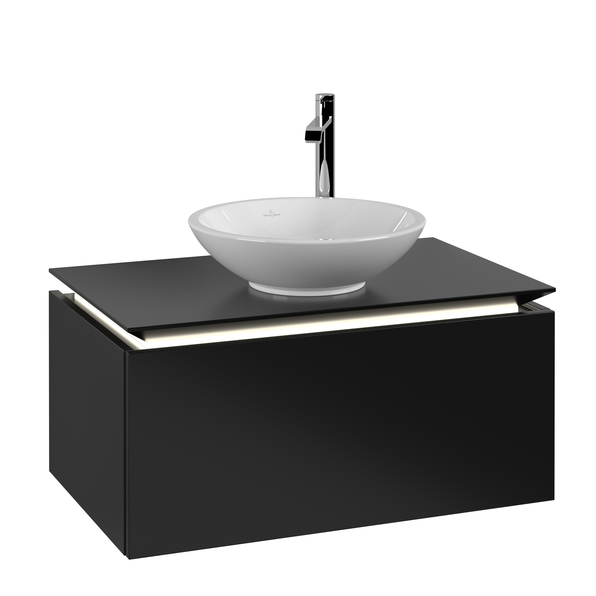 Villeroy & Boch Legato Waschbeckenunterschrank, mit Beleuchtung, 1 Auszug, 800x380x500mm, Korpus: Black Matt Lacquer, Front: Black Matt Lacquer