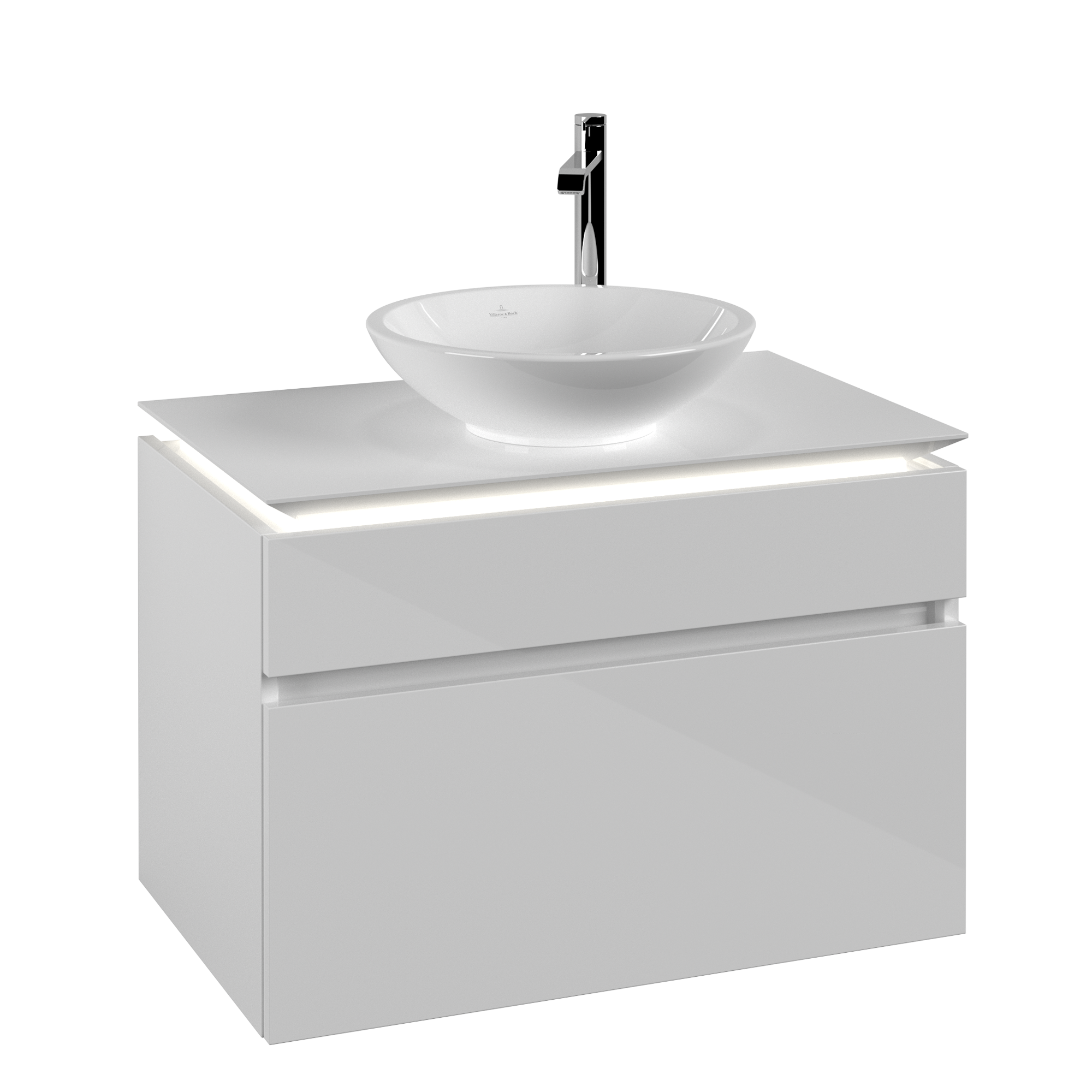 Villeroy & Boch Legato Waschbeckenunterschrank, mit Beleuchtung, 2 Auszüge, 800x550x500mm, Korpus: Glossy White, Front: Glossy White