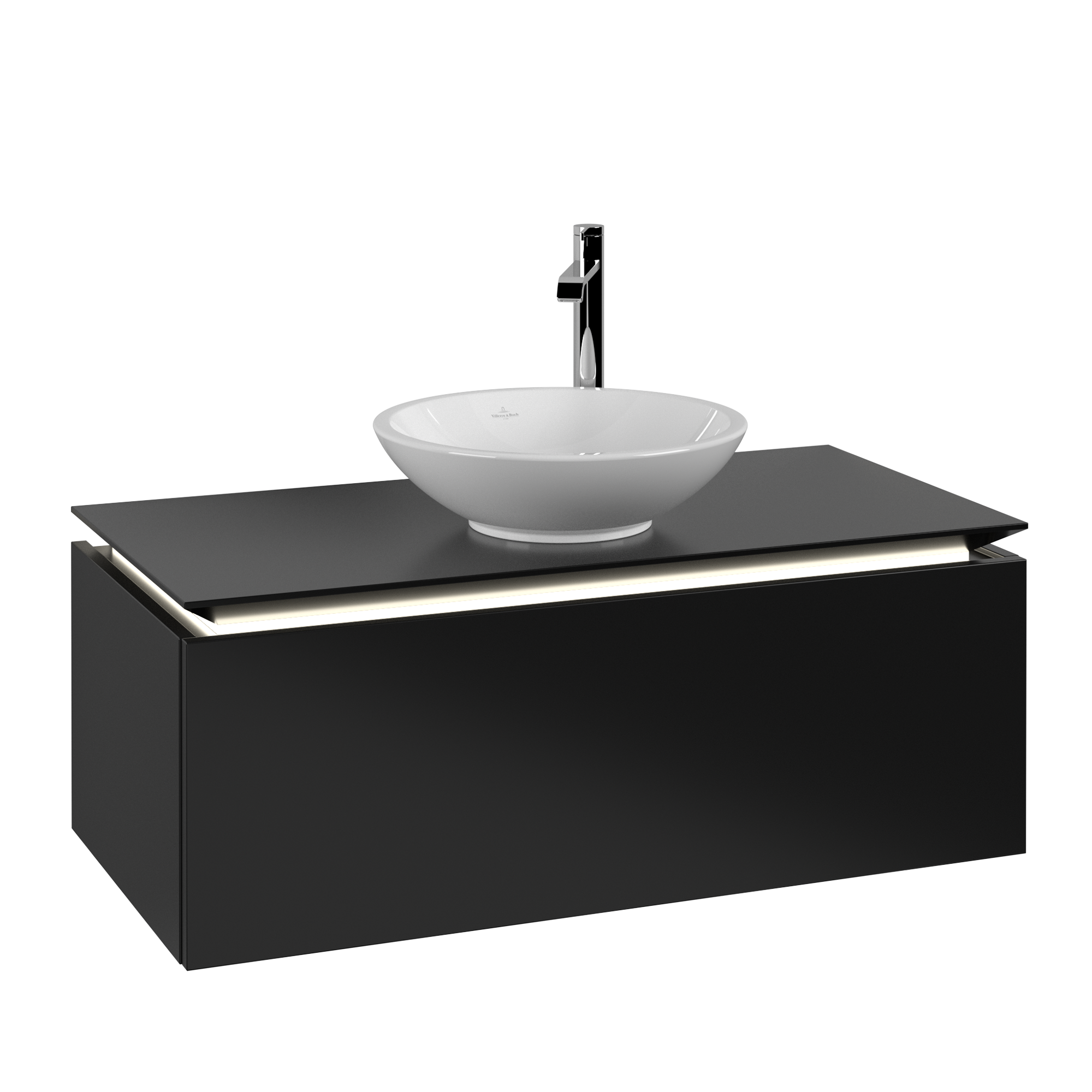 Villeroy & Boch Legato Waschbeckenunterschrank, mit Beleuchtung, 1 Auszug, 1000x380x500mm, Korpus: Black Matt Lacquer, Front: Black Matt Lacquer
