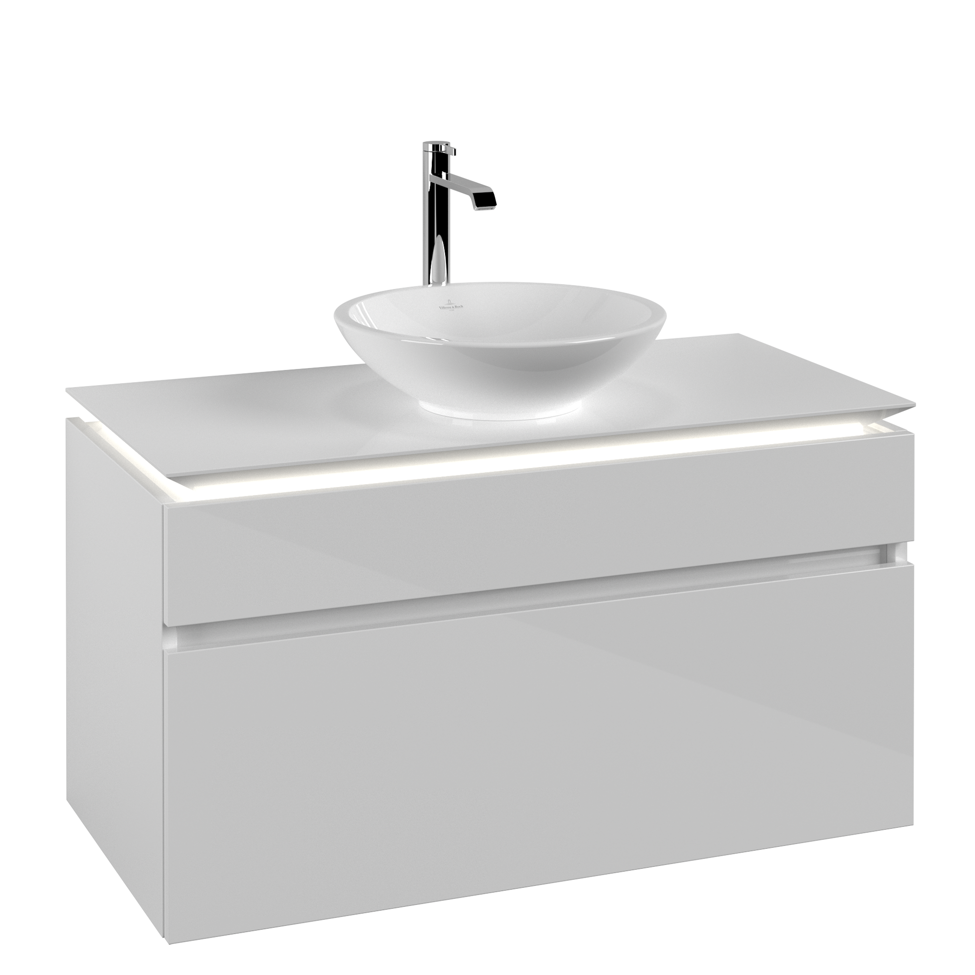 Villeroy & Boch Legato Waschbeckenunterschrank, mit Beleuchtung, 2 Auszüge, 1000x550x500mm, Korpus: Glossy White, Front: Glossy White