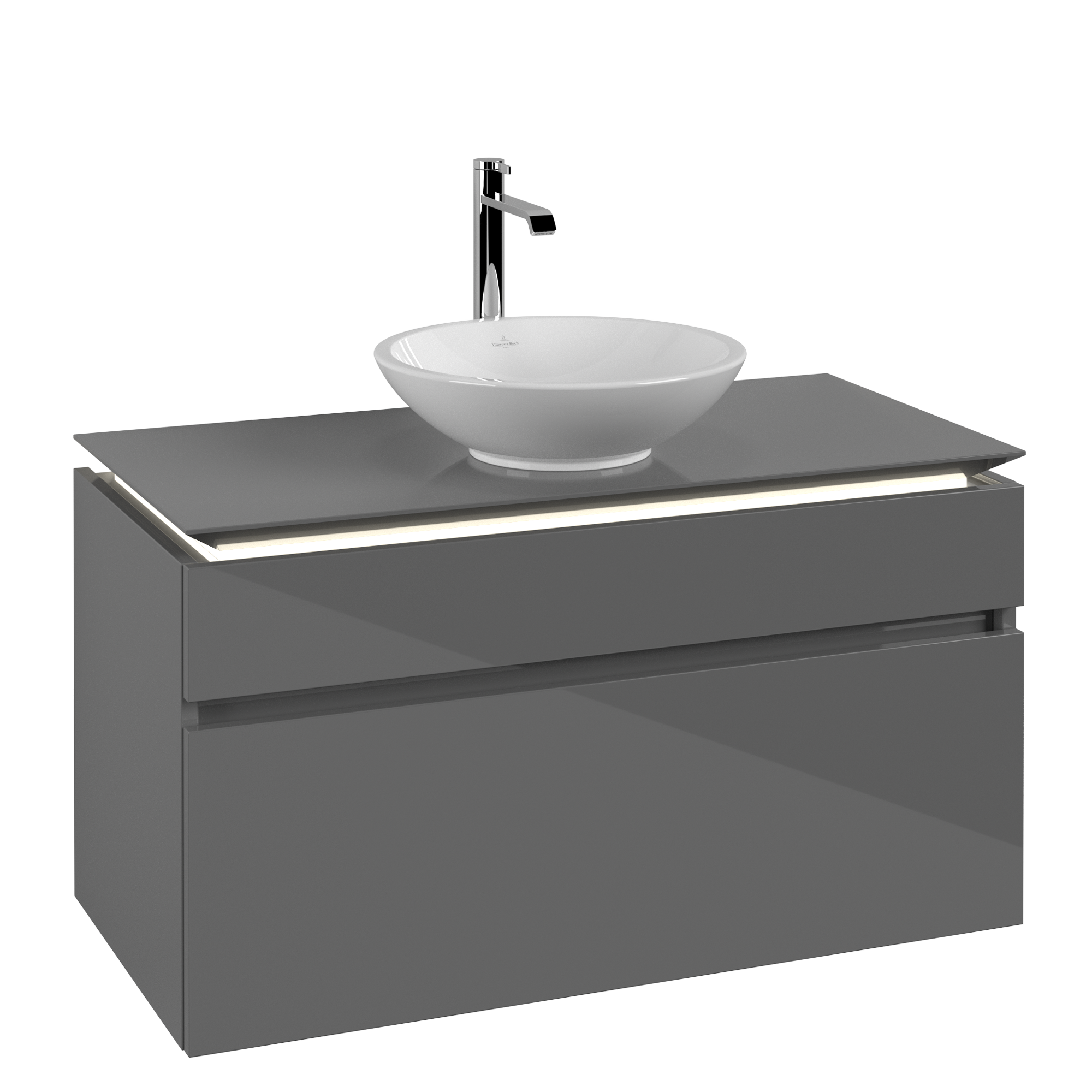 Villeroy & Boch Legato Vanity unit, with lighting, 2 pull-out compartments, 1000x550x500mm, Body: Glossy Grey, Front: Glossy Grey