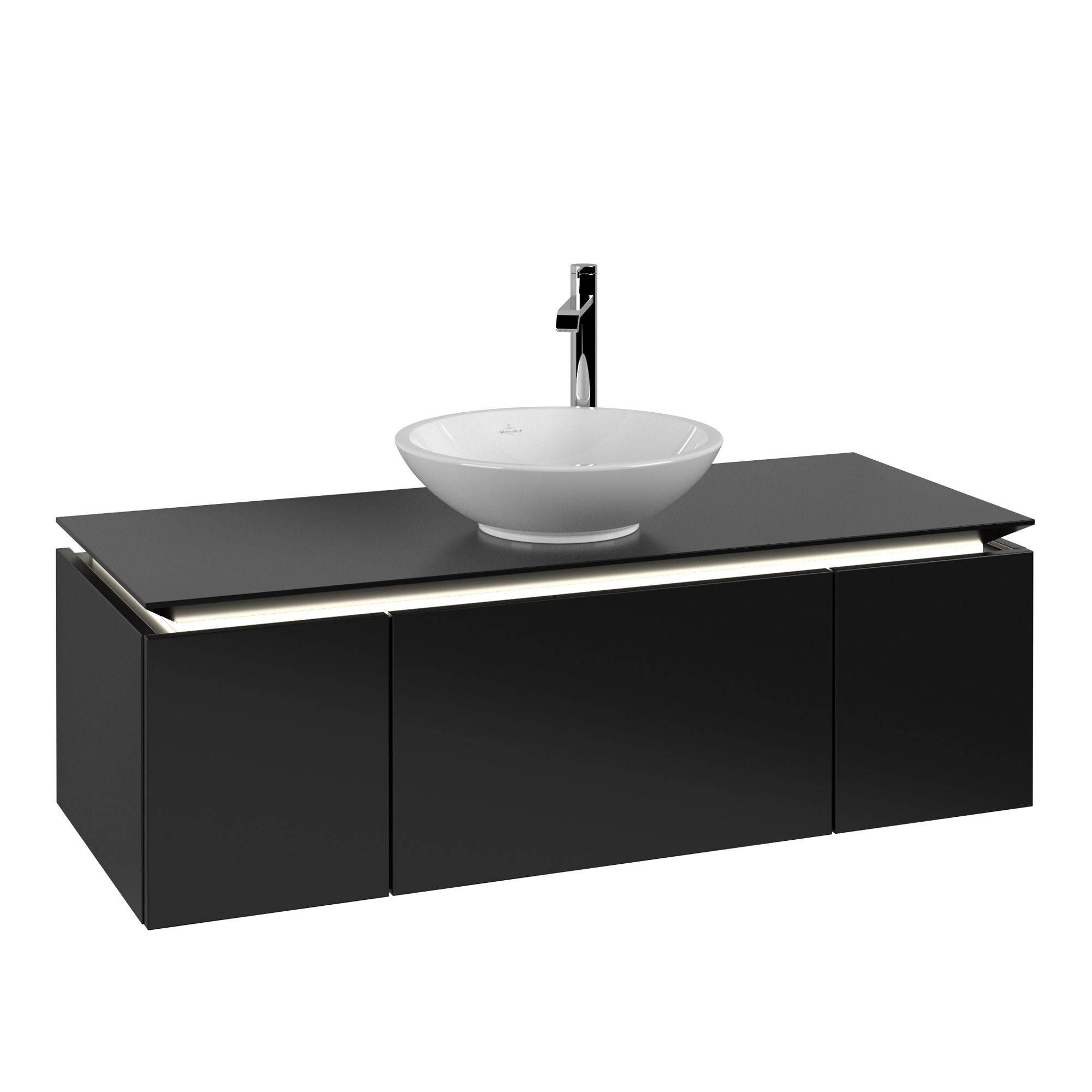 Villeroy & Boch Legato Waschbeckenunterschrank, mit Beleuchtung, 3 Auszüge, 1200x380x500mm, Korpus: Black Matt Lacquer, Front: Black Matt Lacquer