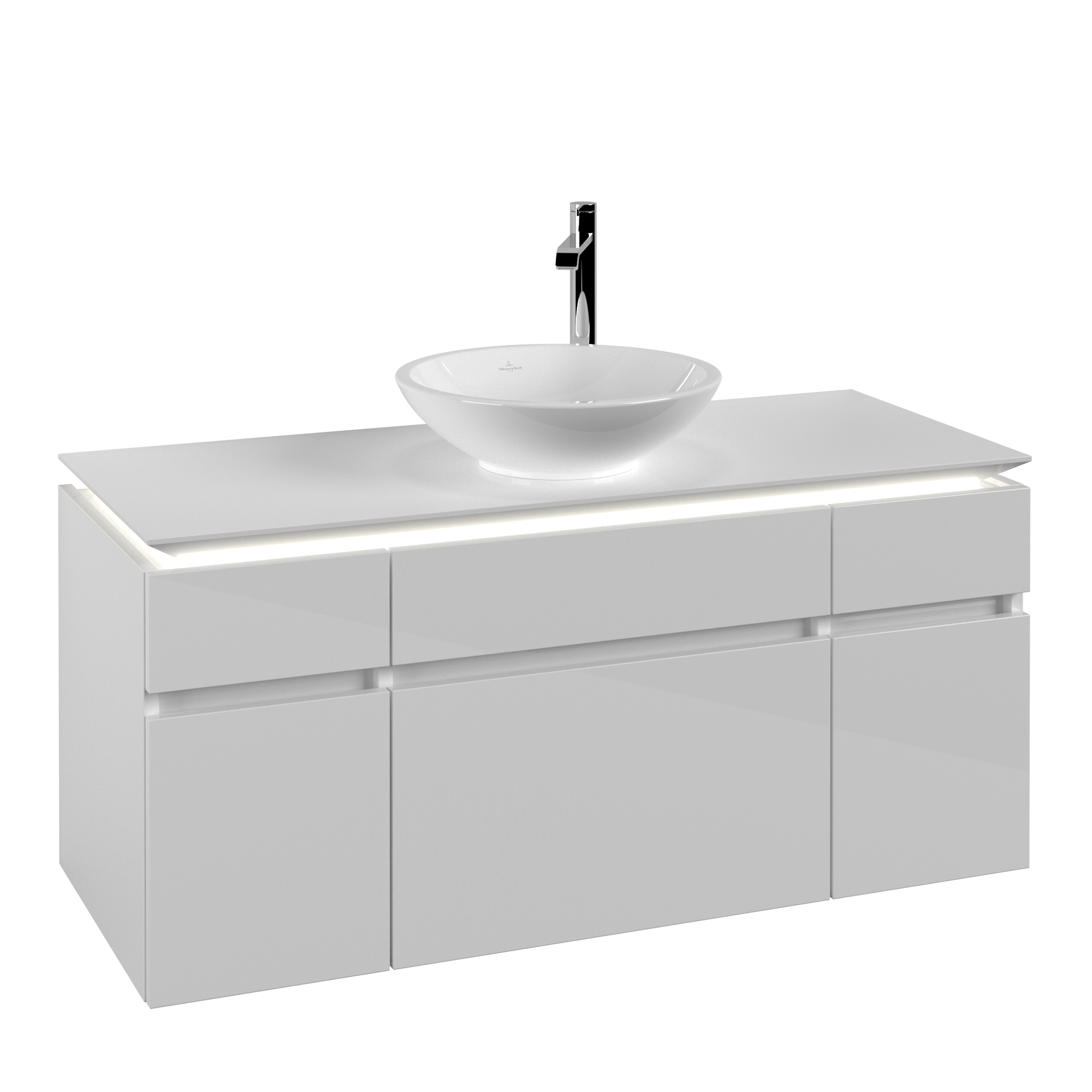 Villeroy & Boch Legato Waschbeckenunterschrank, mit Beleuchtung, 5 Auszüge, 1200x550x500mm, Korpus: Glossy White, Front: Glossy White