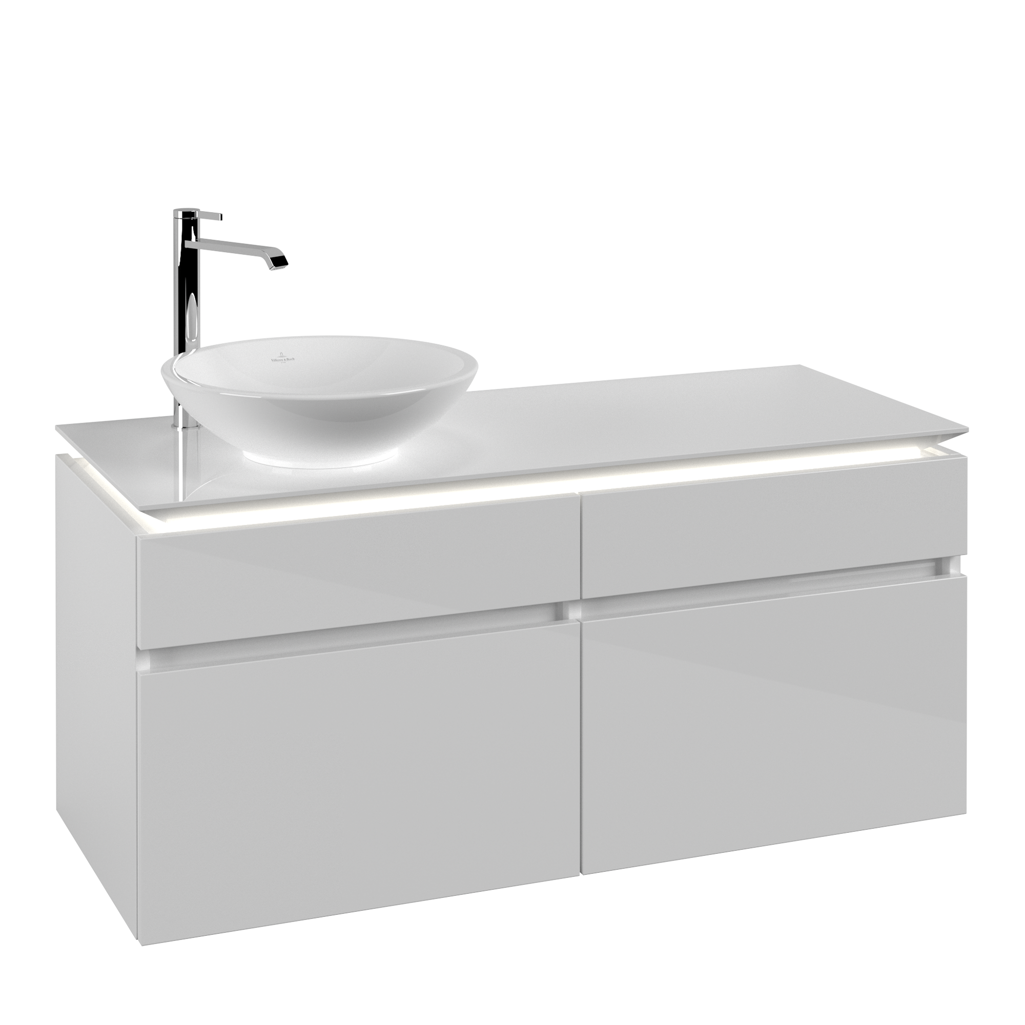 Villeroy & Boch Legato Waschbeckenunterschrank, mit Beleuchtung, 4 Auszüge, 1200x550x500mm, Korpus: Glossy White, Front: Glossy White