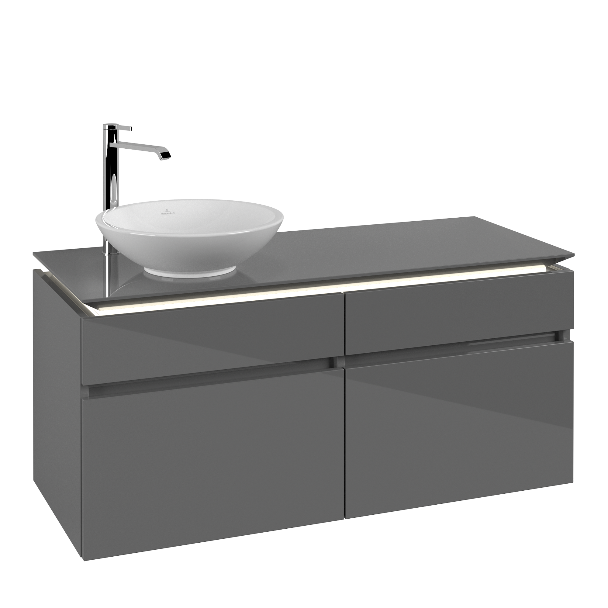 Villeroy & Boch Legato Vanity unit, with lighting, 4 pull-out compartments, 1200x550x500mm, Body: Glossy Grey, Front: Glossy Grey