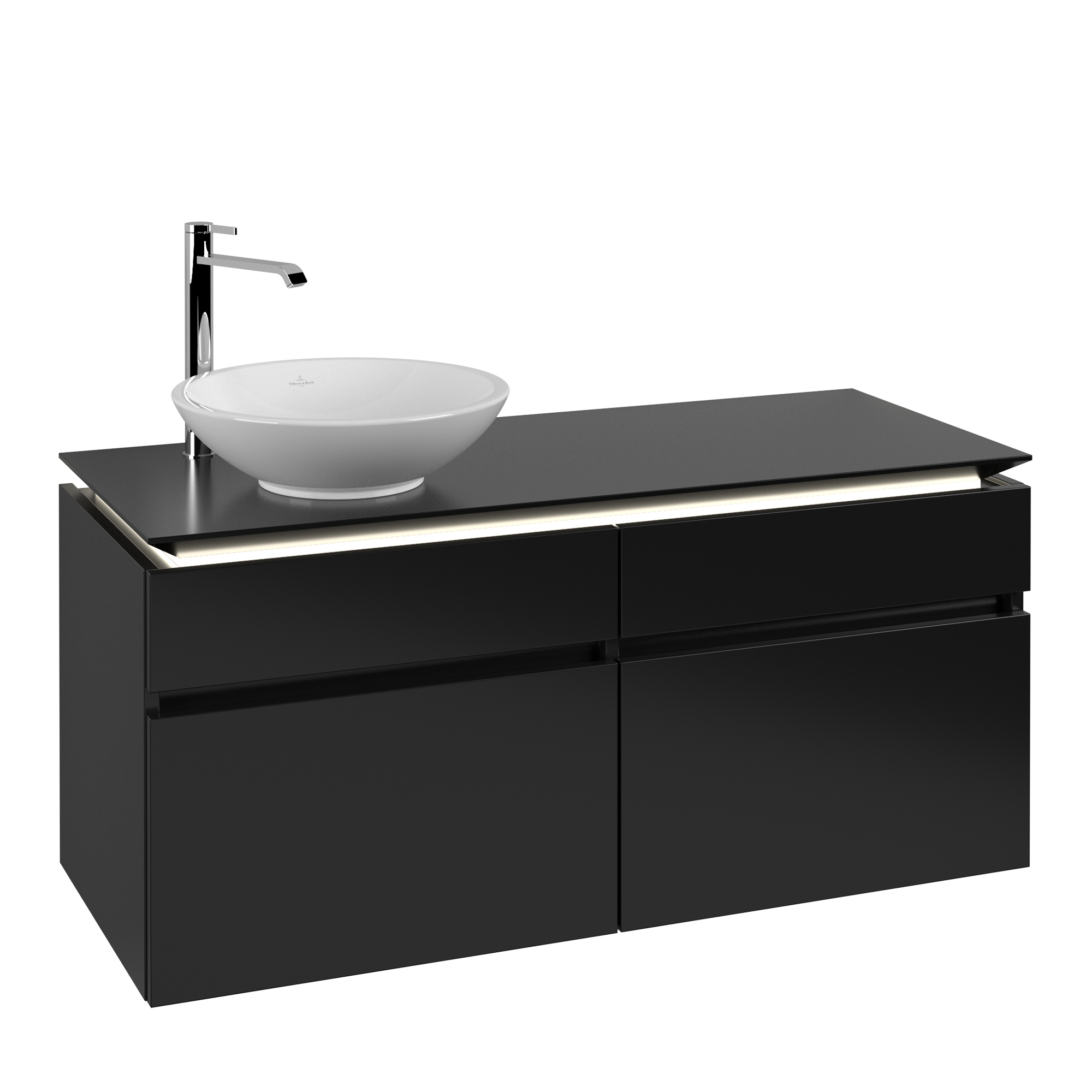 Villeroy & Boch Legato Servantskap, med belysning, 4 uttrekkbare rom, 1200x550x500mm, Kropp: Black Matt Lacquer, Front: Black Matt Lacquer