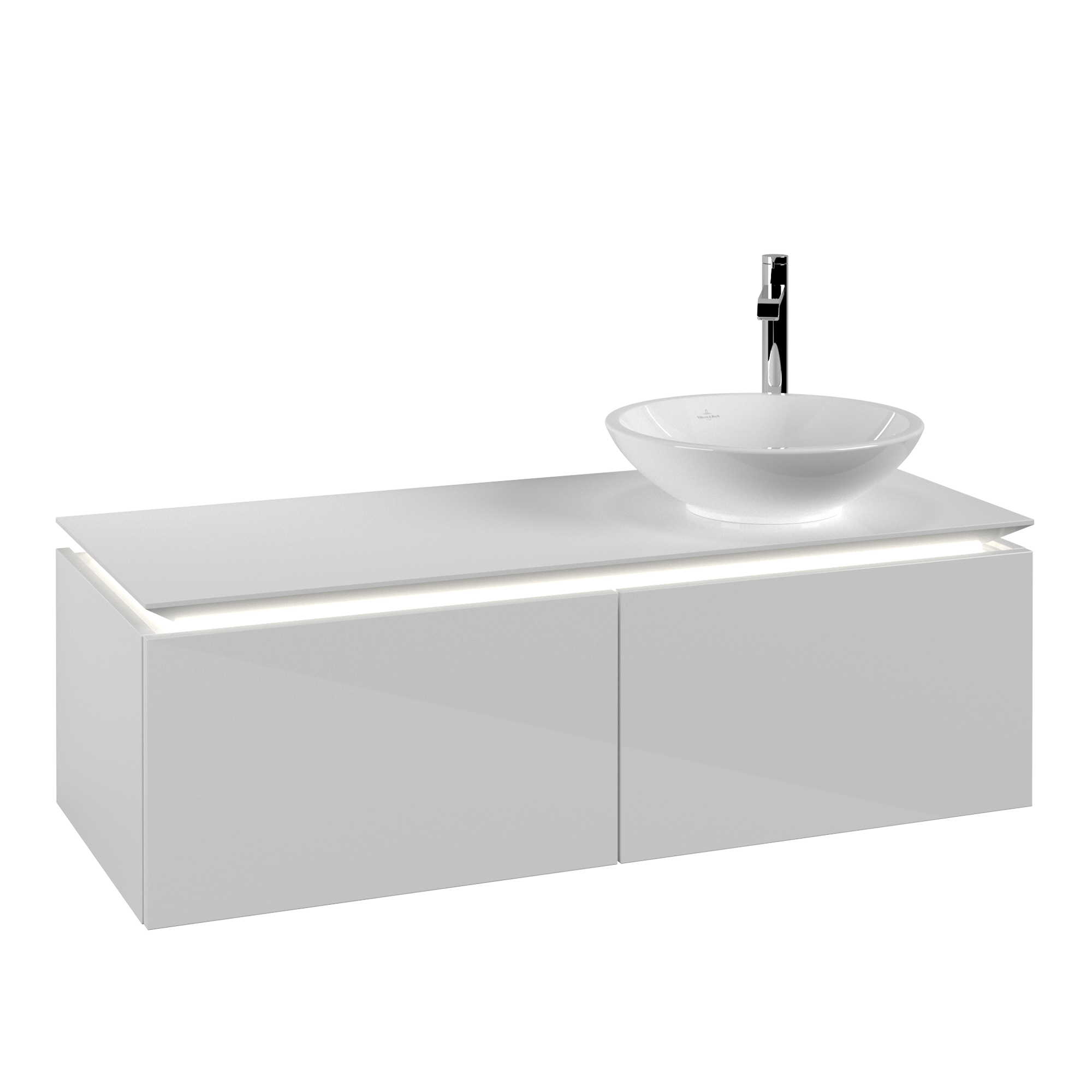 Villeroy & Boch Legato Waschbeckenunterschrank, mit Beleuchtung, 2 Auszüge, 1200x380x500mm, Korpus: Glossy White, Front: Glossy White