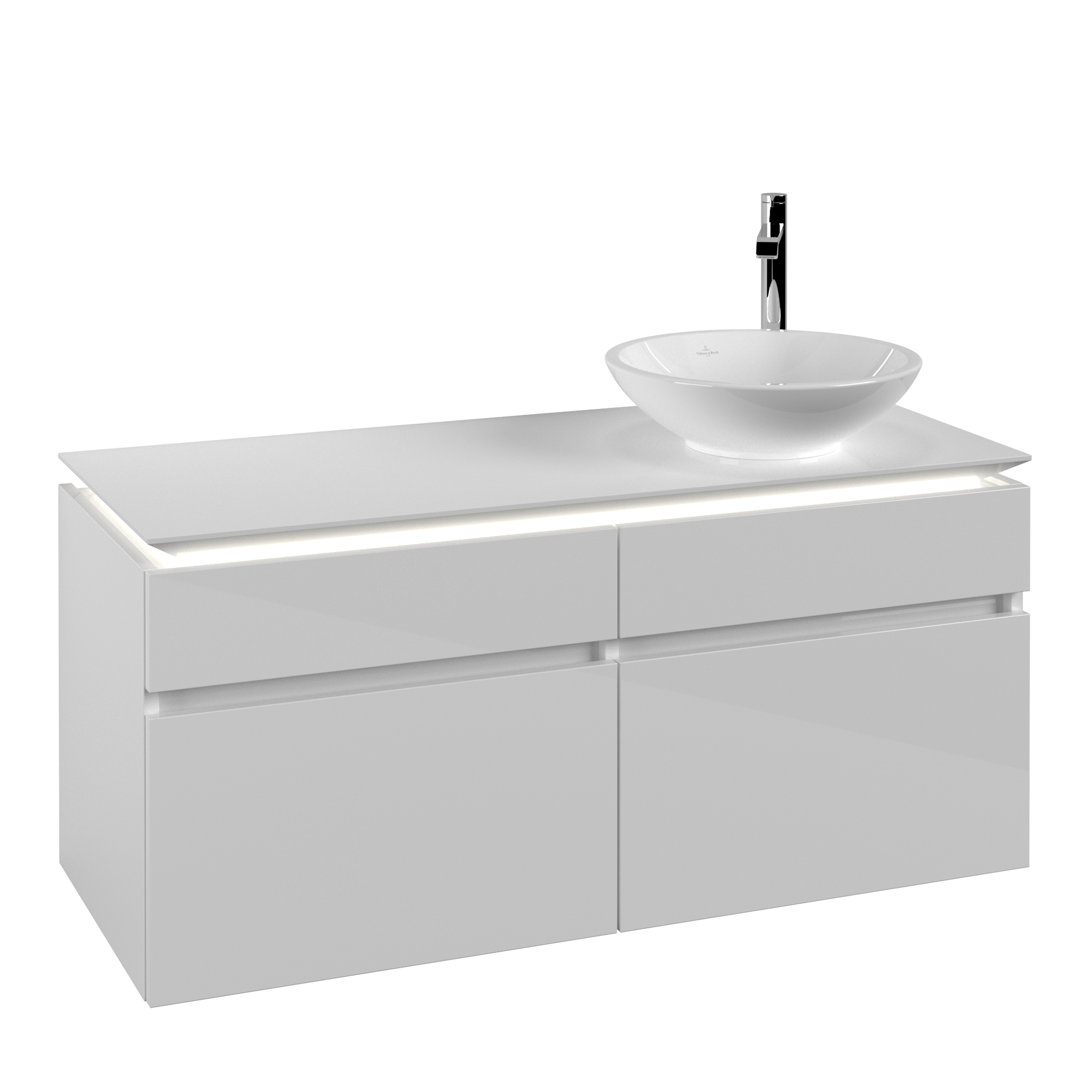Villeroy & Boch Legato Waschbeckenunterschrank, mit Beleuchtung, 4 Auszüge, 1200x550x500mm, Korpus: Glossy White, Front: Glossy White