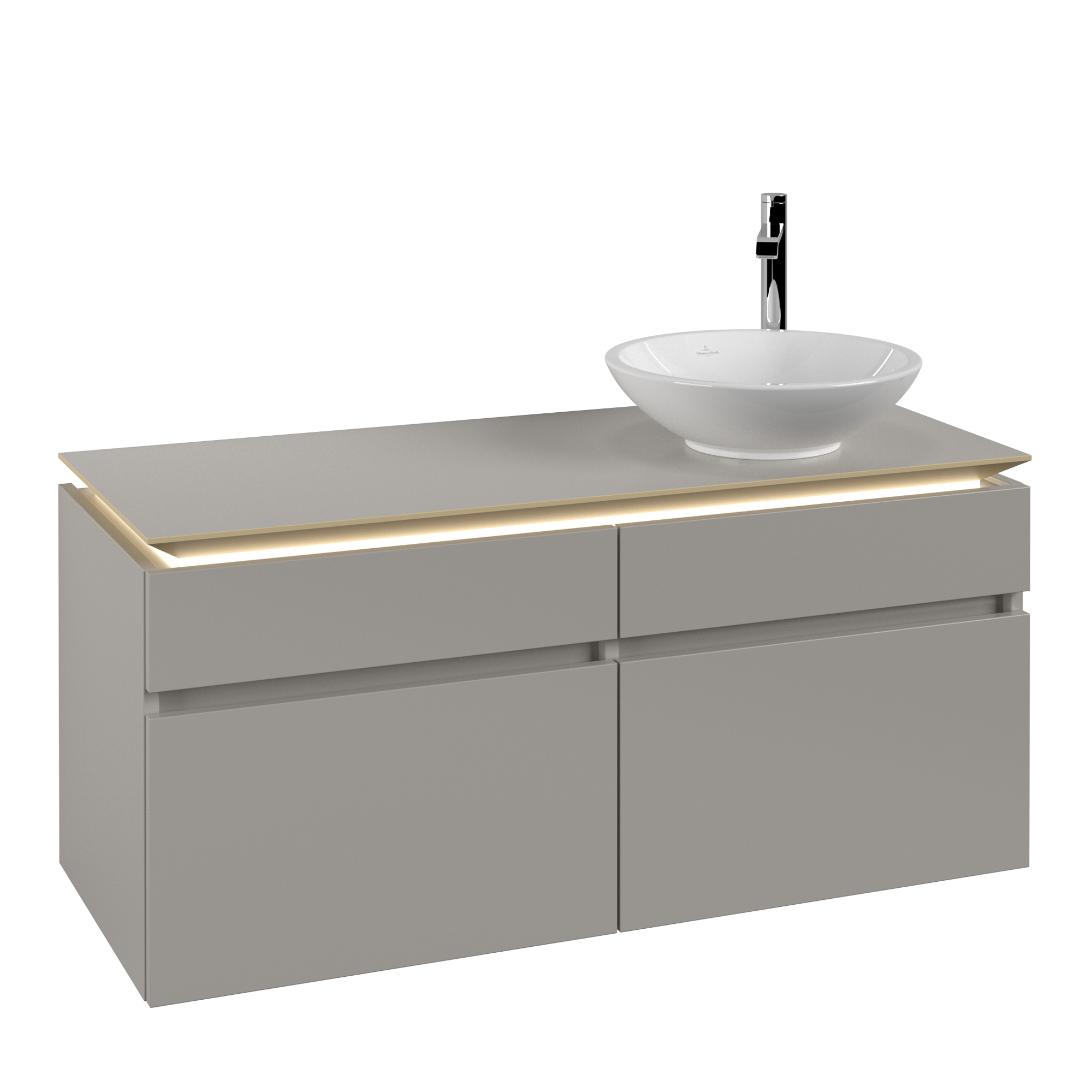 Villeroy & Boch Legato Meuble sous plan, avec éclairage, 4 tiroirs sur rails, 1200x550x500mm, Caisson: Soft Grey, Façade: Soft Grey
