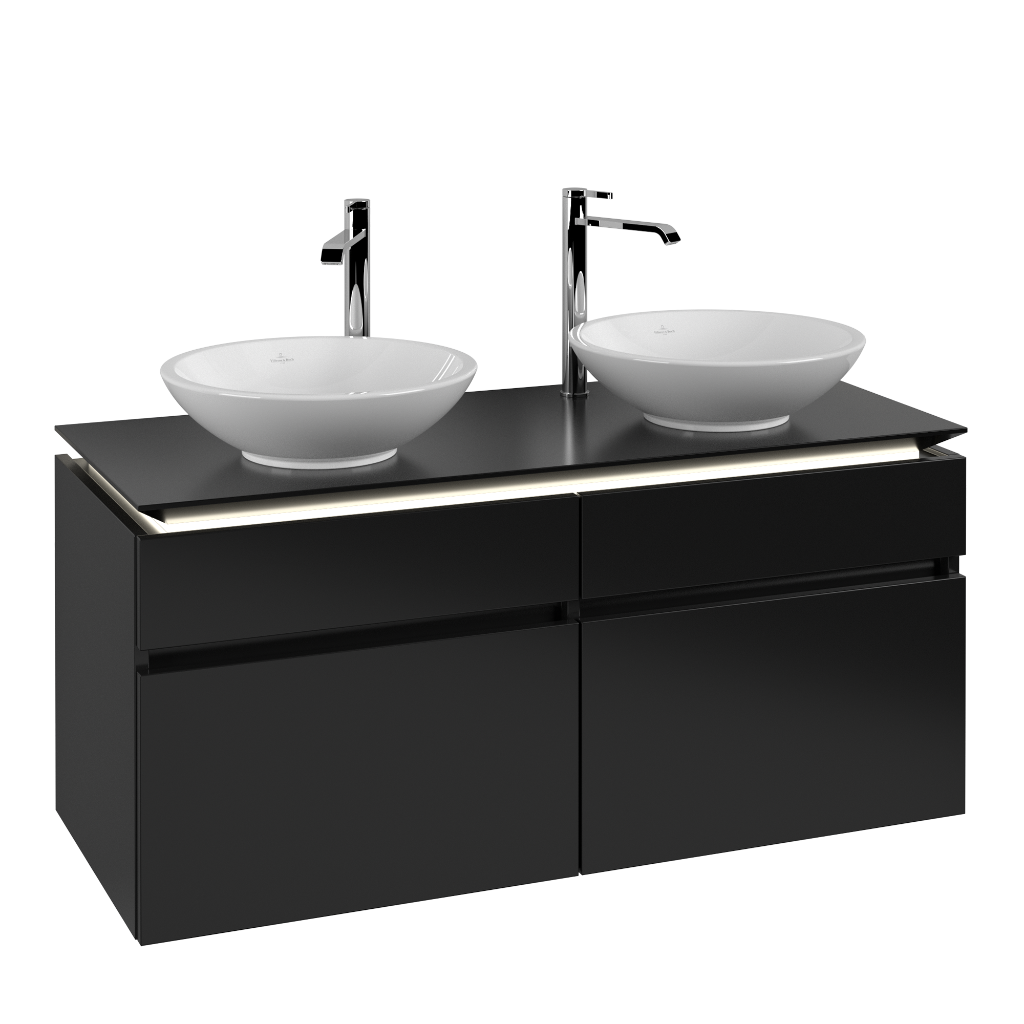 Villeroy & Boch Legato Meuble sous plan, avec éclairage, 4 tiroirs sur rails, 1200x550x500mm, Caisson: Black Matt Lacquer, Façade: Black Matt Lacquer