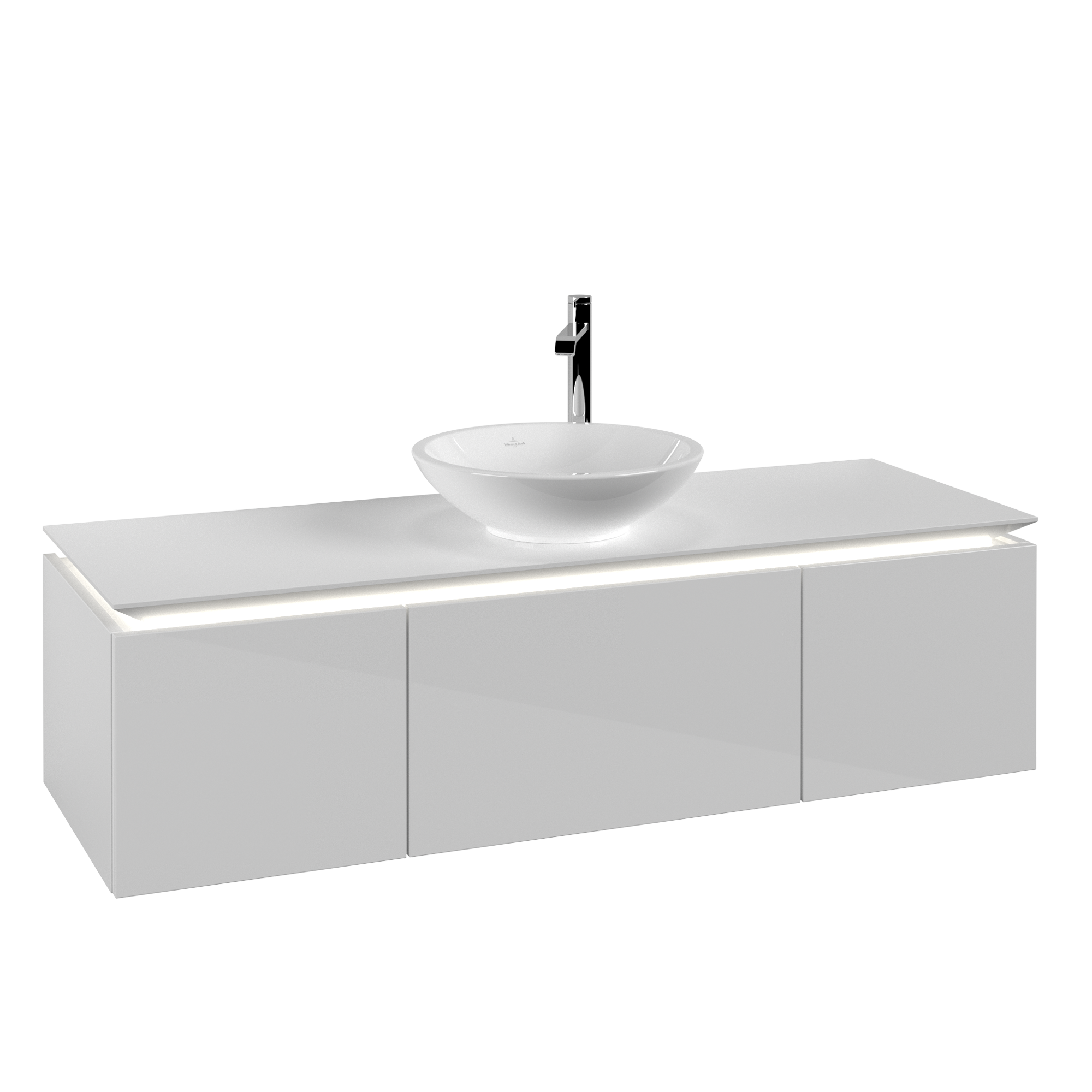 Villeroy & Boch Legato Waschbeckenunterschrank, mit Beleuchtung, 3 Auszüge, 1400x380x500mm, Korpus: Glossy White, Front: Glossy White