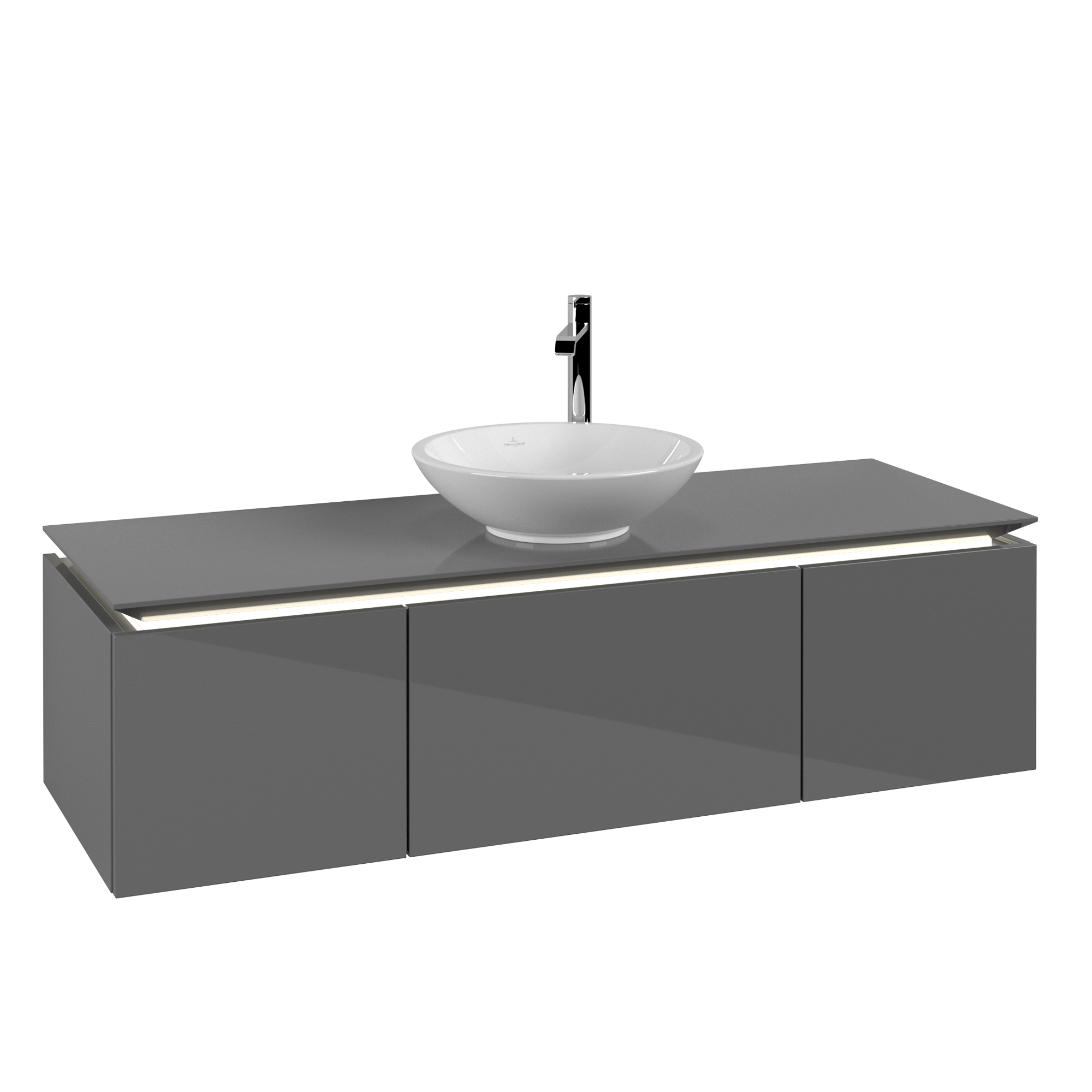 Villeroy & Boch Legato Vanity unit, with lighting, 3 pull-out compartments, 1400x380x500mm, Body: Glossy Grey, Front: Glossy Grey