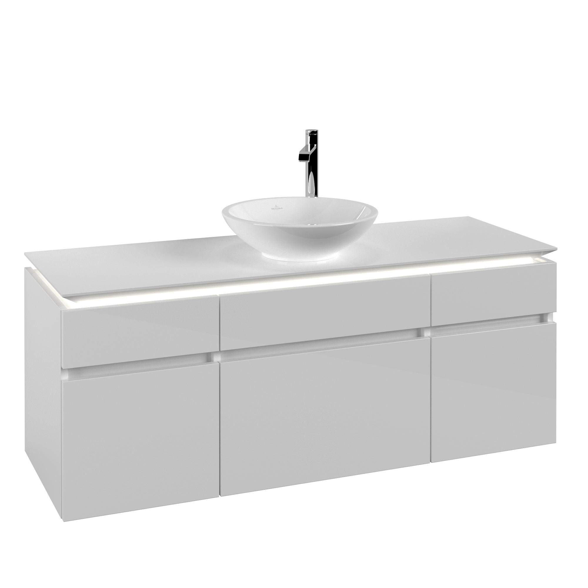 Villeroy & Boch Legato Waschbeckenunterschrank, mit Beleuchtung, 5 Auszüge, 1400x550x500mm, Korpus: Glossy White, Front: Glossy White