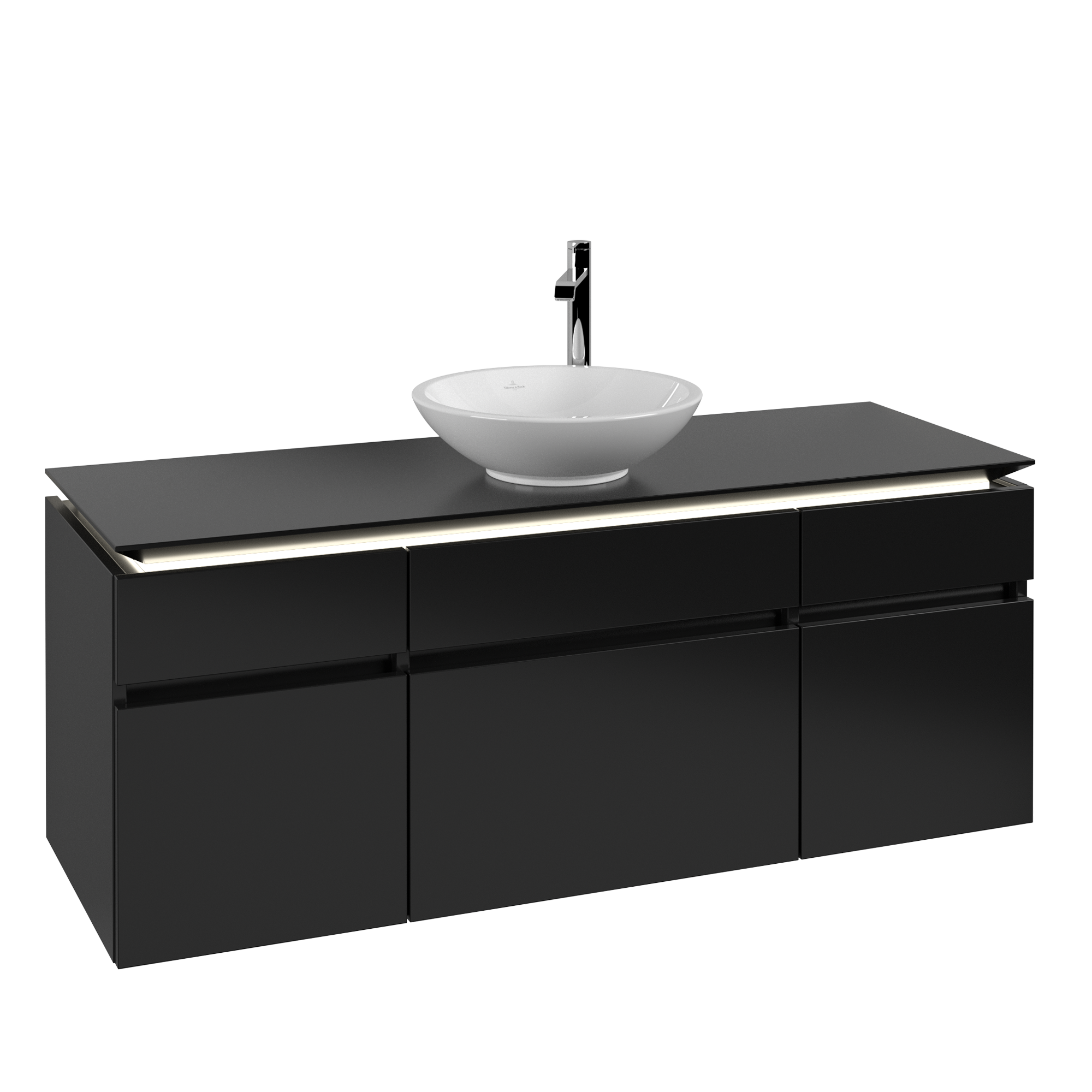 Villeroy & Boch Legato Meuble sous plan, avec éclairage, 5 tiroirs sur rails, 1400x550x500mm, Caisson: Black Matt Lacquer, Façade: Black Matt Lacquer