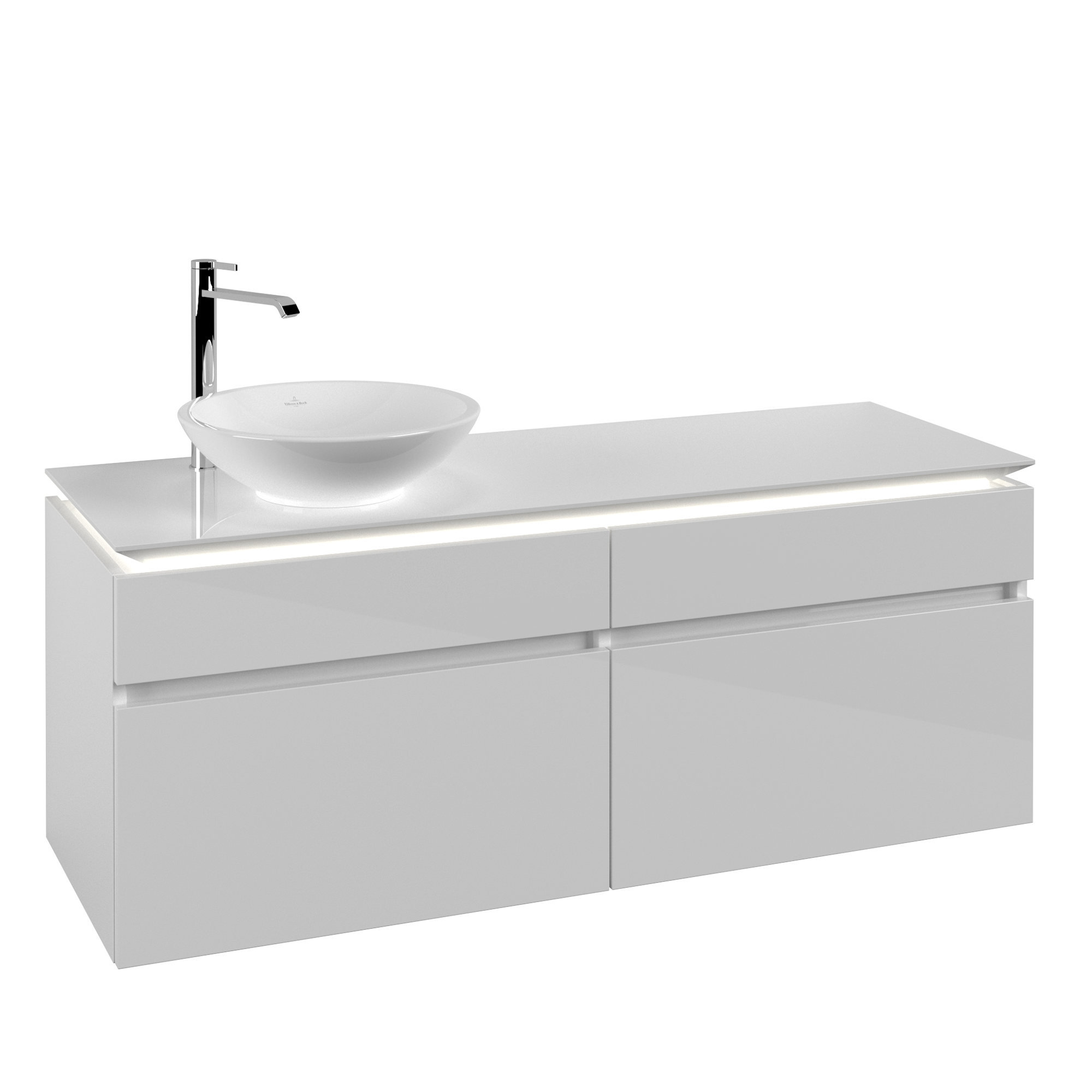 Villeroy & Boch Legato Waschbeckenunterschrank, mit Beleuchtung, 4 Auszüge, 1400x550x500mm, Korpus: Glossy White, Front: Glossy White