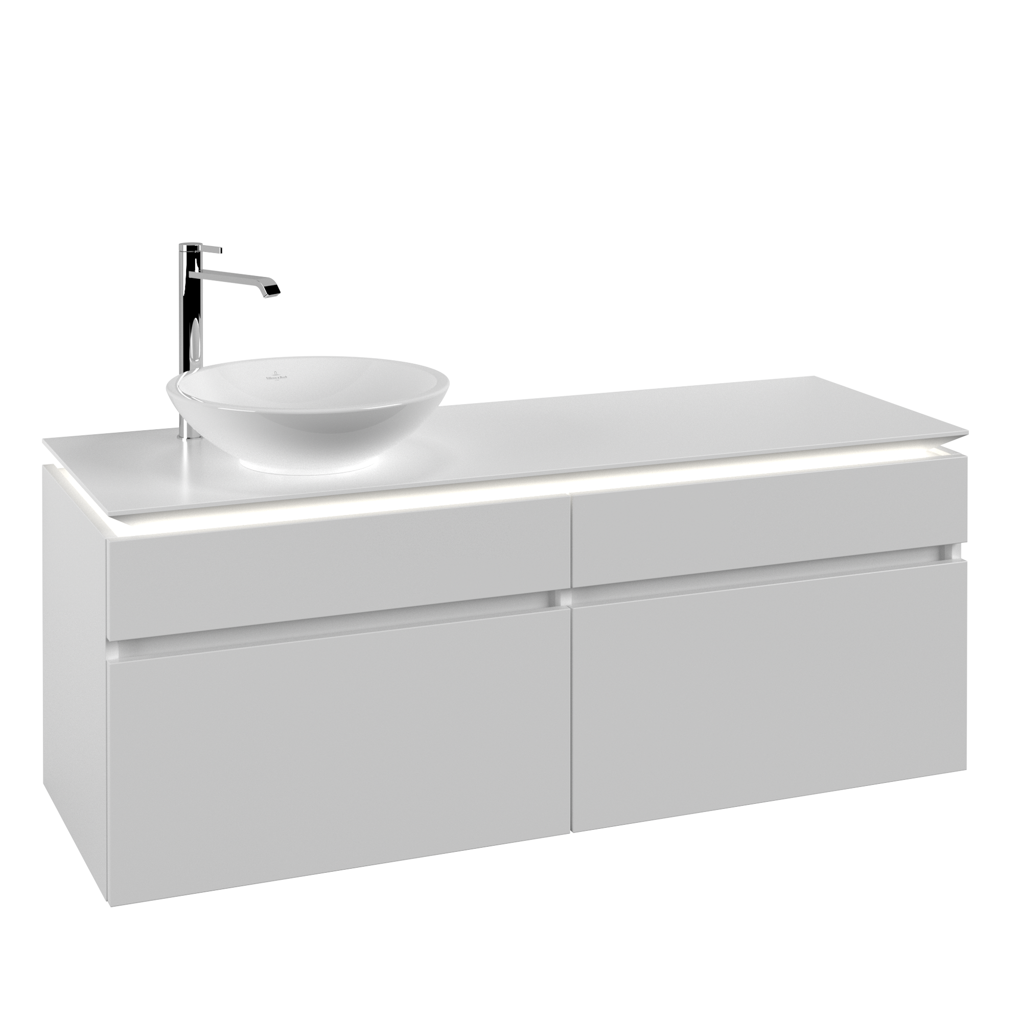 Villeroy & Boch Legato Meuble sous plan, avec éclairage, 4 tiroirs sur rails, 1400x550x500mm, Caisson: White Matt, Façade: White Matt
