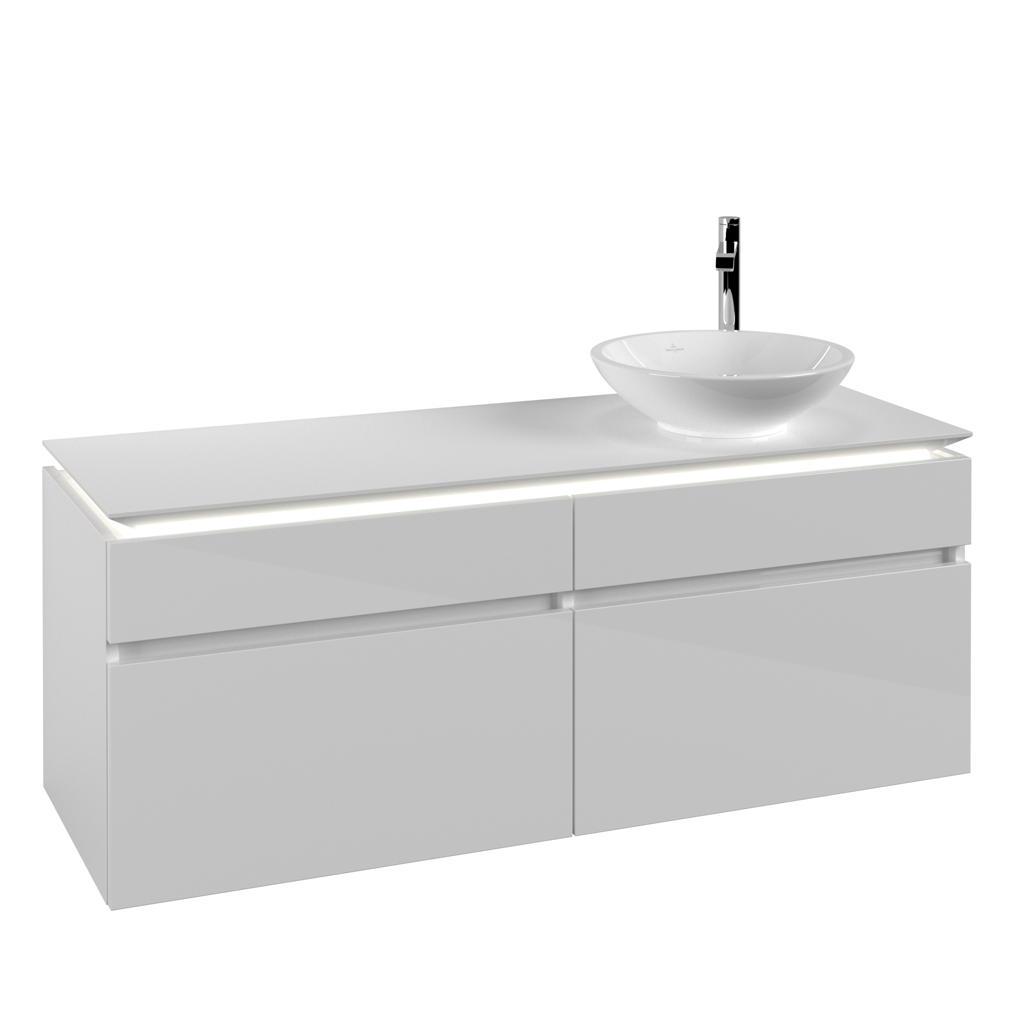 Villeroy & Boch Legato Waschbeckenunterschrank, mit Beleuchtung, 4 Auszüge, 1400x550x500mm, Korpus: Glossy White, Front: Glossy White