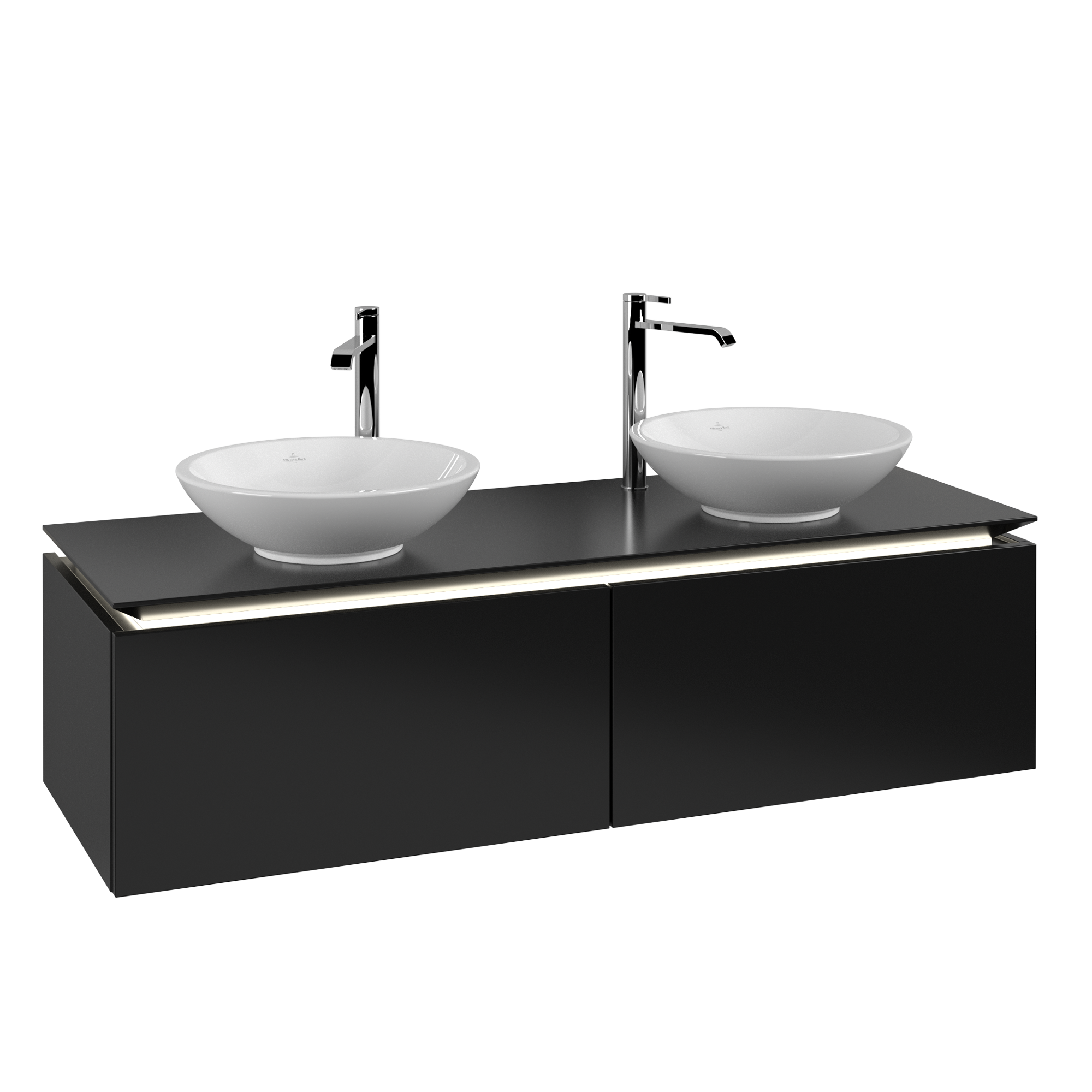 Villeroy & Boch Legato Waschbeckenunterschrank, mit Beleuchtung, 2 Auszüge, 1400x380x500mm, Korpus: Black Matt Lacquer, Front: Black Matt Lacquer