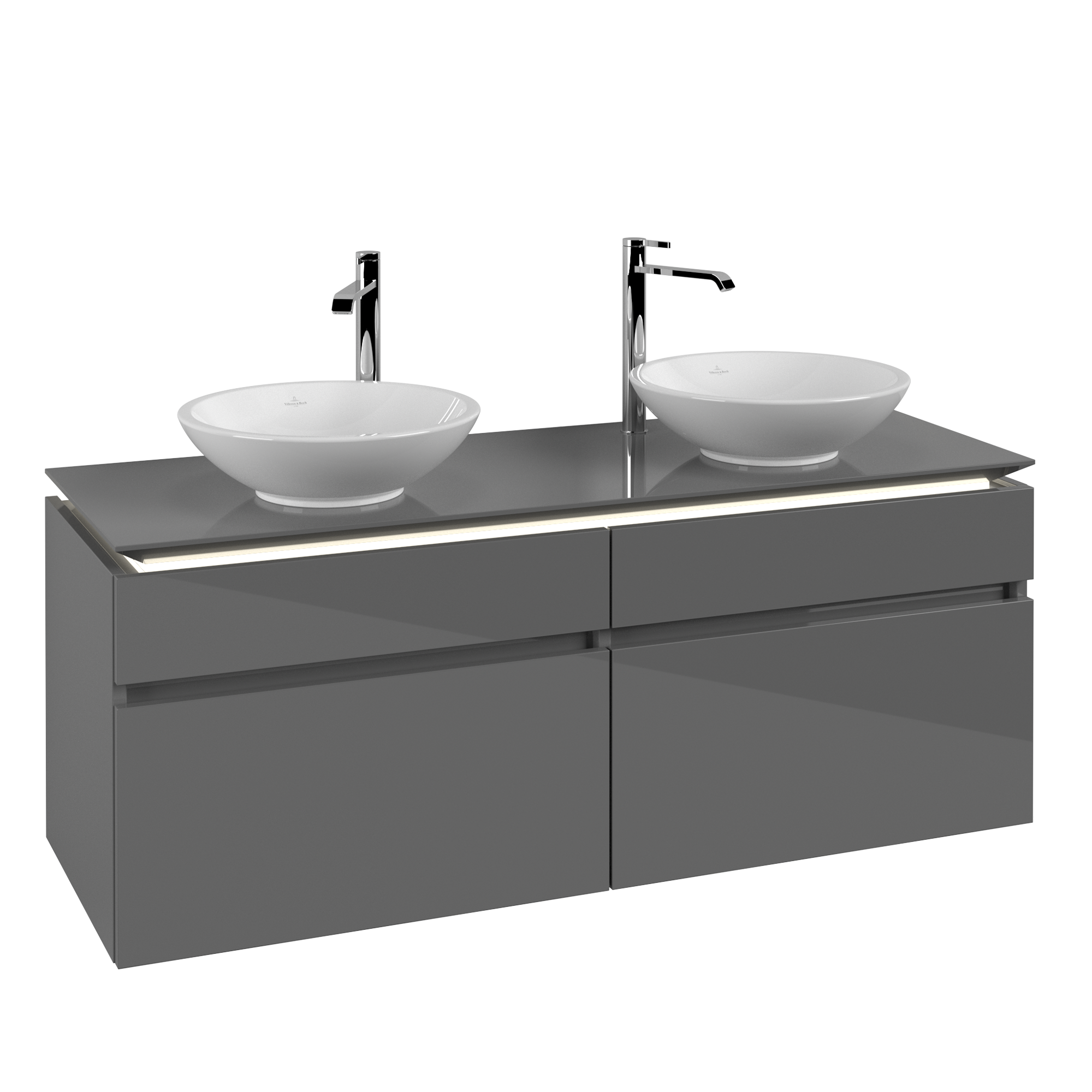 Villeroy & Boch Legato Meuble sous plan, avec éclairage, 4 tiroirs sur rails, 1400x550x500mm, Caisson: Glossy Grey, Façade: Glossy Grey