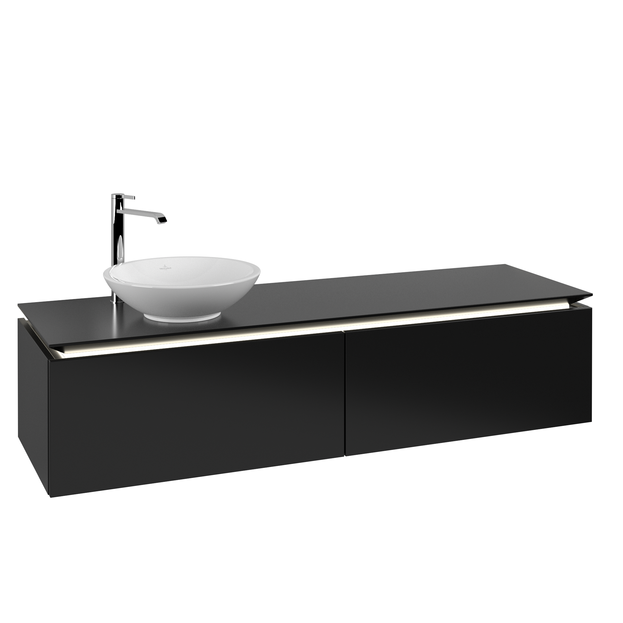 Villeroy & Boch Legato Waschbeckenunterschrank, mit Beleuchtung, 2 Auszüge, 1600x380x500mm, Korpus: Black Matt Lacquer, Front: Black Matt Lacquer