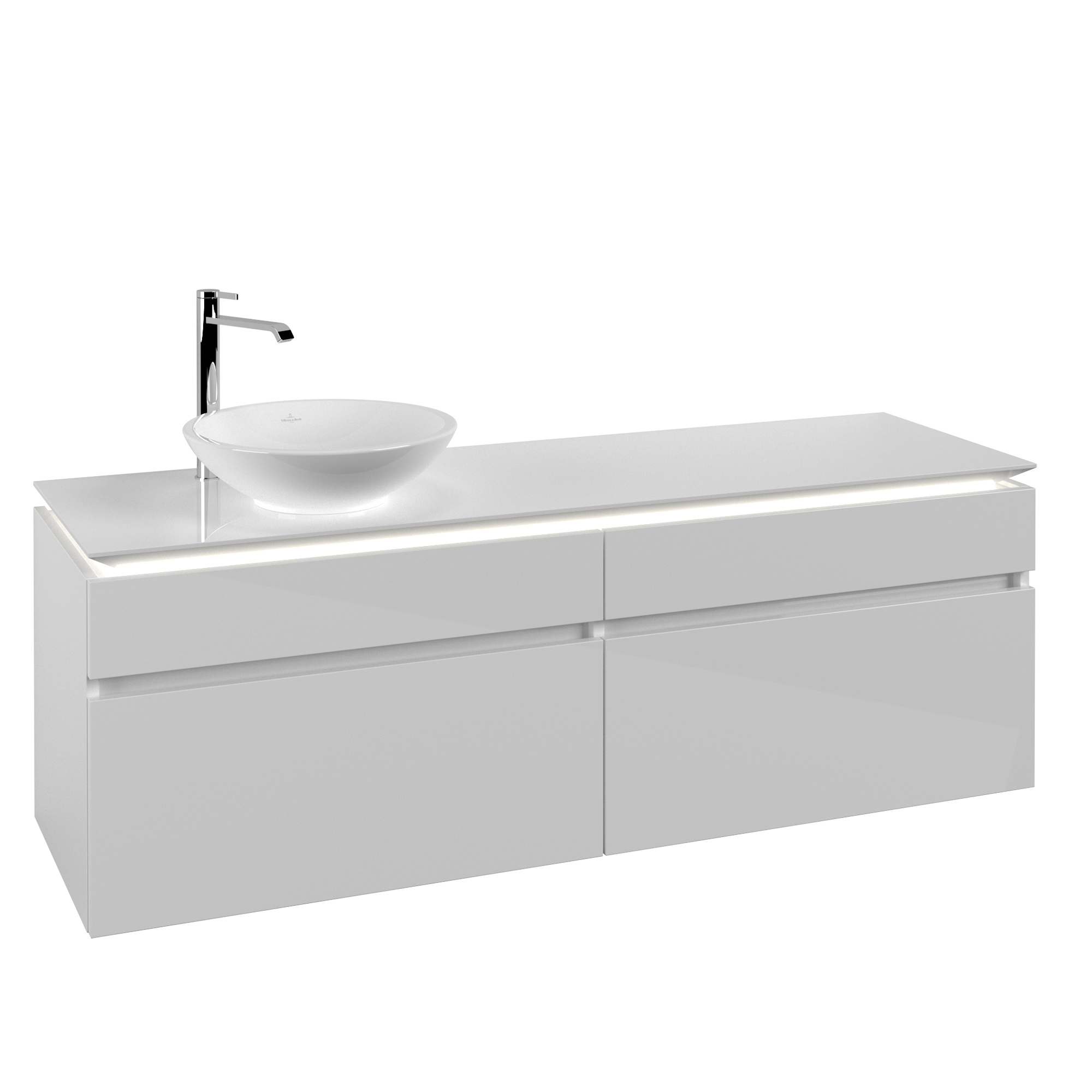 Villeroy & Boch Legato Waschbeckenunterschrank, mit Beleuchtung, 4 Auszüge, 1600x550x500mm, Korpus: Glossy White, Front: Glossy White