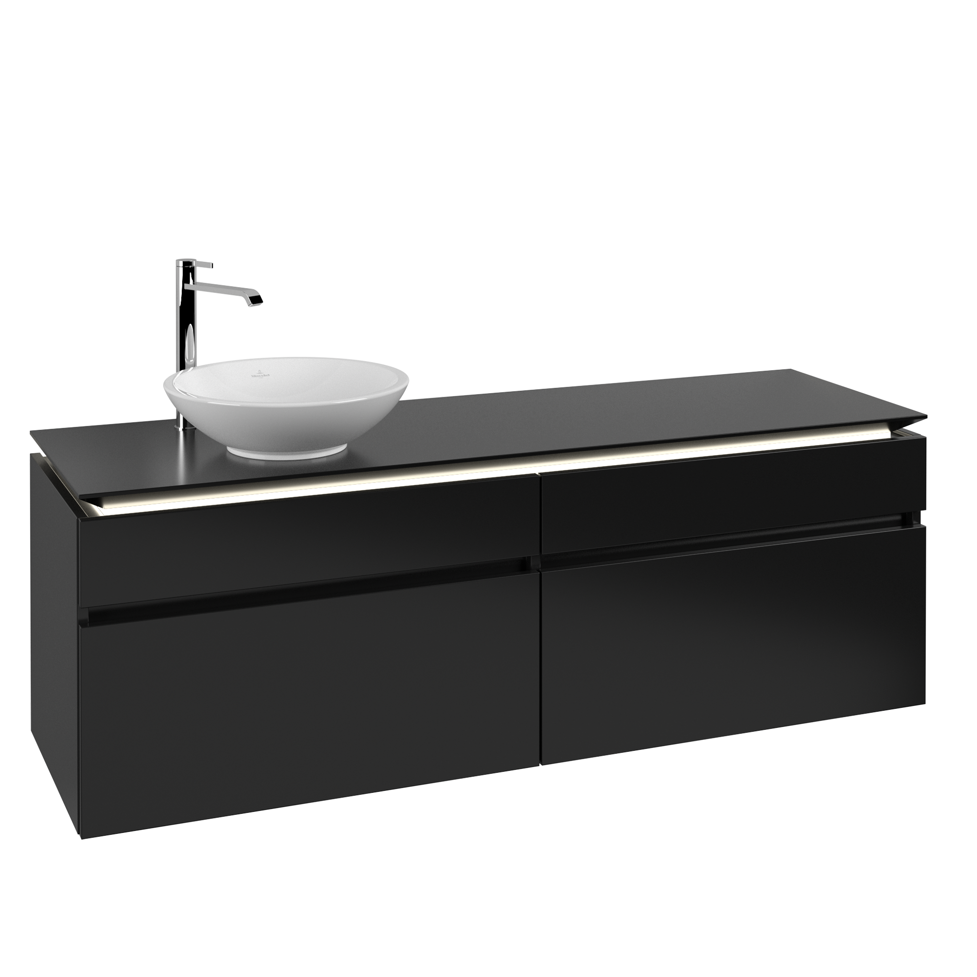 Villeroy & Boch Legato Waschbeckenunterschrank, mit Beleuchtung, 4 Auszüge, 1600x550x500mm, Korpus: Black Matt Lacquer, Front: Black Matt Lacquer