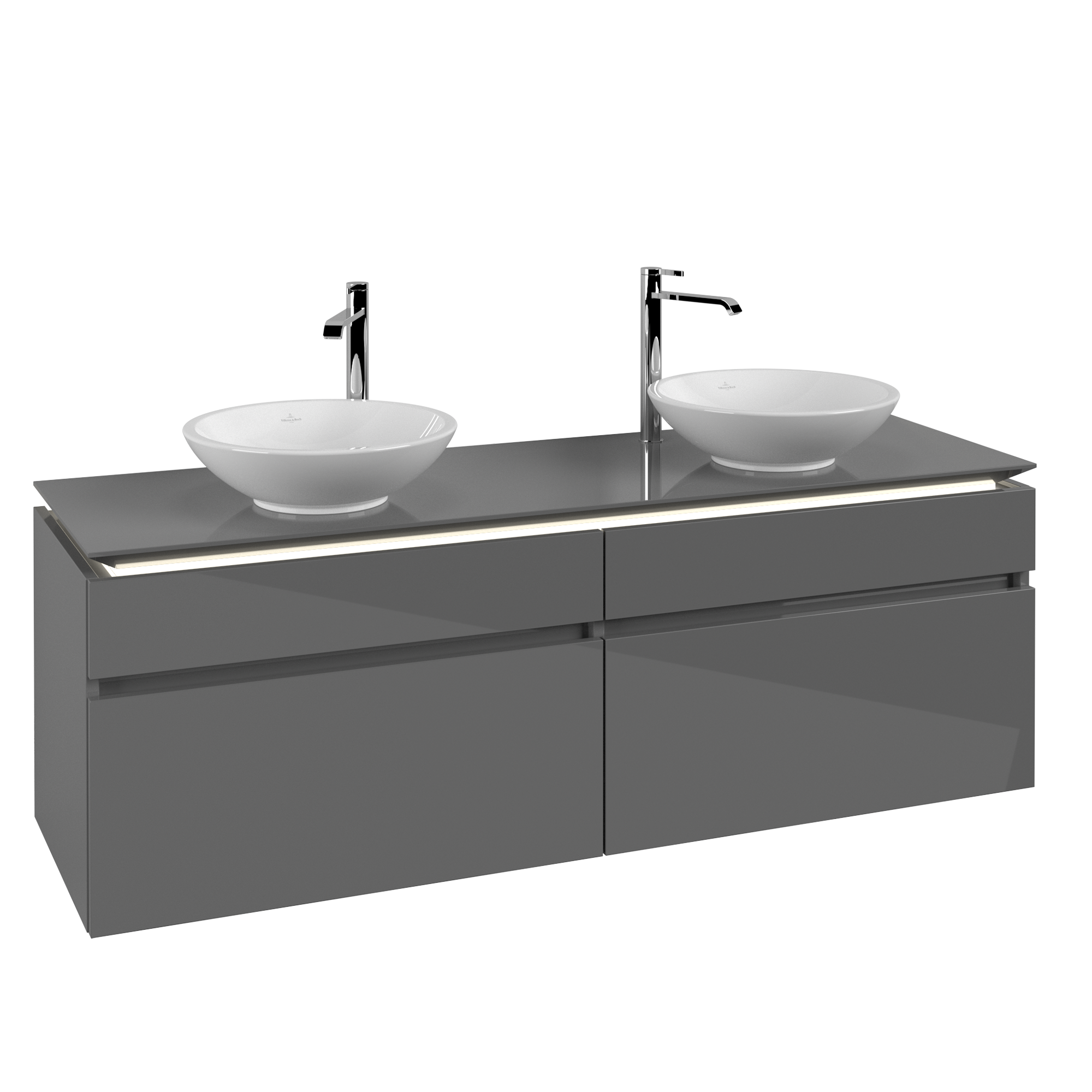 Villeroy & Boch Legato Meuble sous plan, avec éclairage, 4 tiroirs sur rails, 1600x550x500mm, Caisson: Glossy Grey, Façade: Glossy Grey