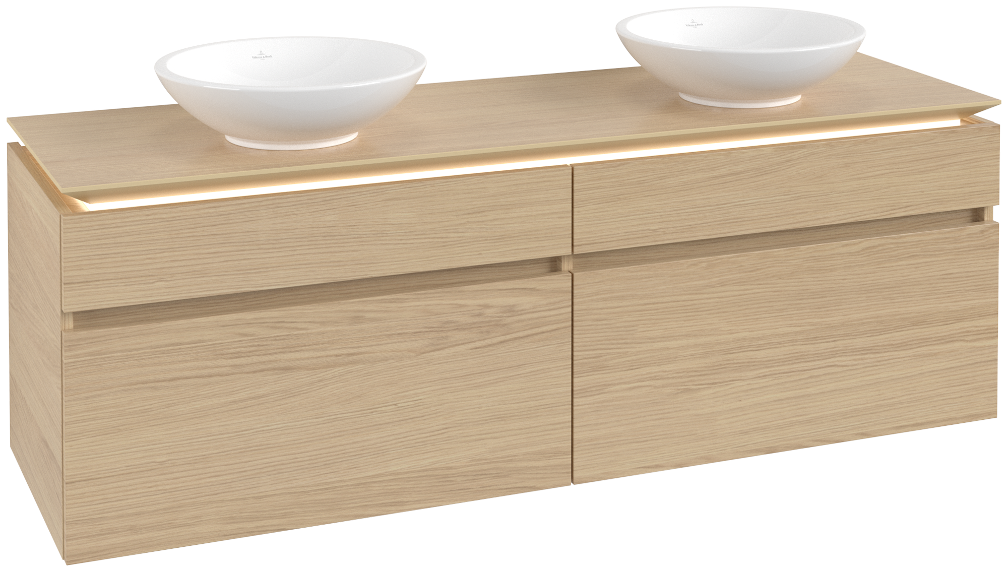 Villeroy & Boch Legato Meuble sous plan, avec éclairage, 4 tiroirs sur rails, 1600x550x500mm, Caisson: Nordic Oak, Façade: Nordic Oak
