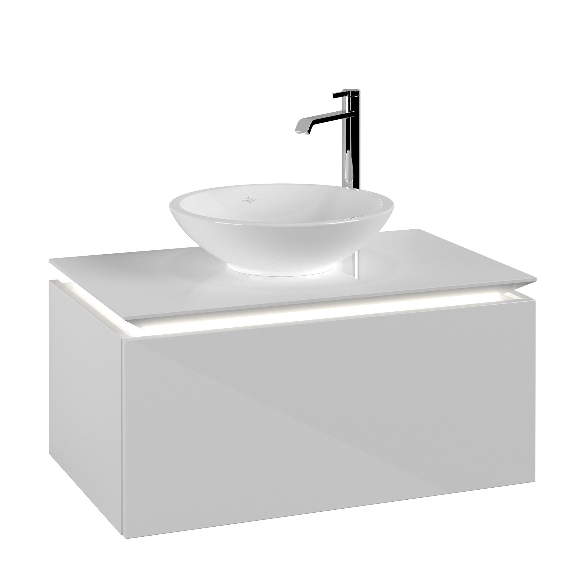 Villeroy & Boch Legato Meuble sous plan, avec éclairage, 1 tiroir sur rails, 800x380x500mm, Caisson: Glossy White, Façade: Glossy White