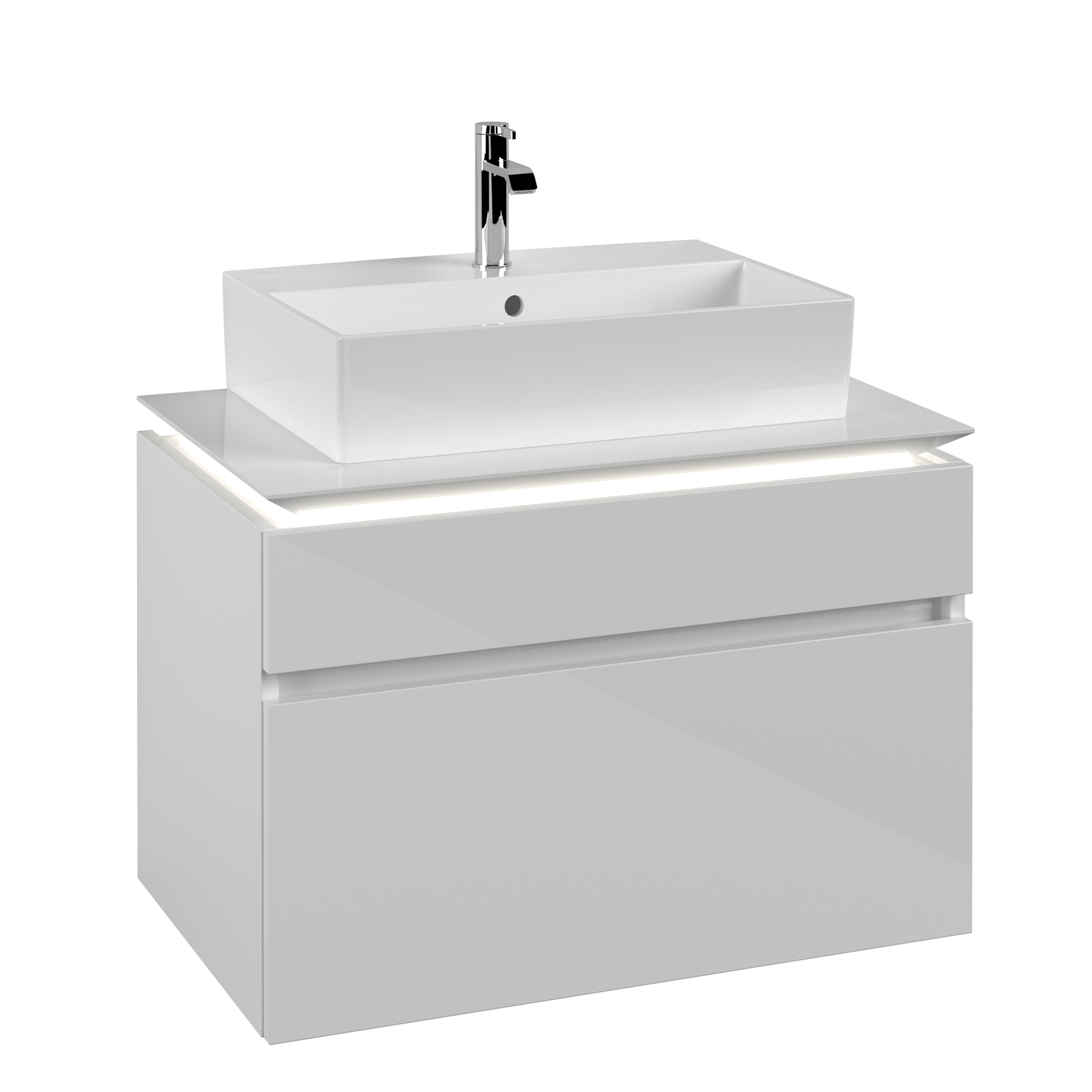 Villeroy & Boch Legato Meuble sous plan, avec éclairage, 2 tiroirs sur rails, 800x550x500mm, Caisson: Glossy White, Façade: Glossy White