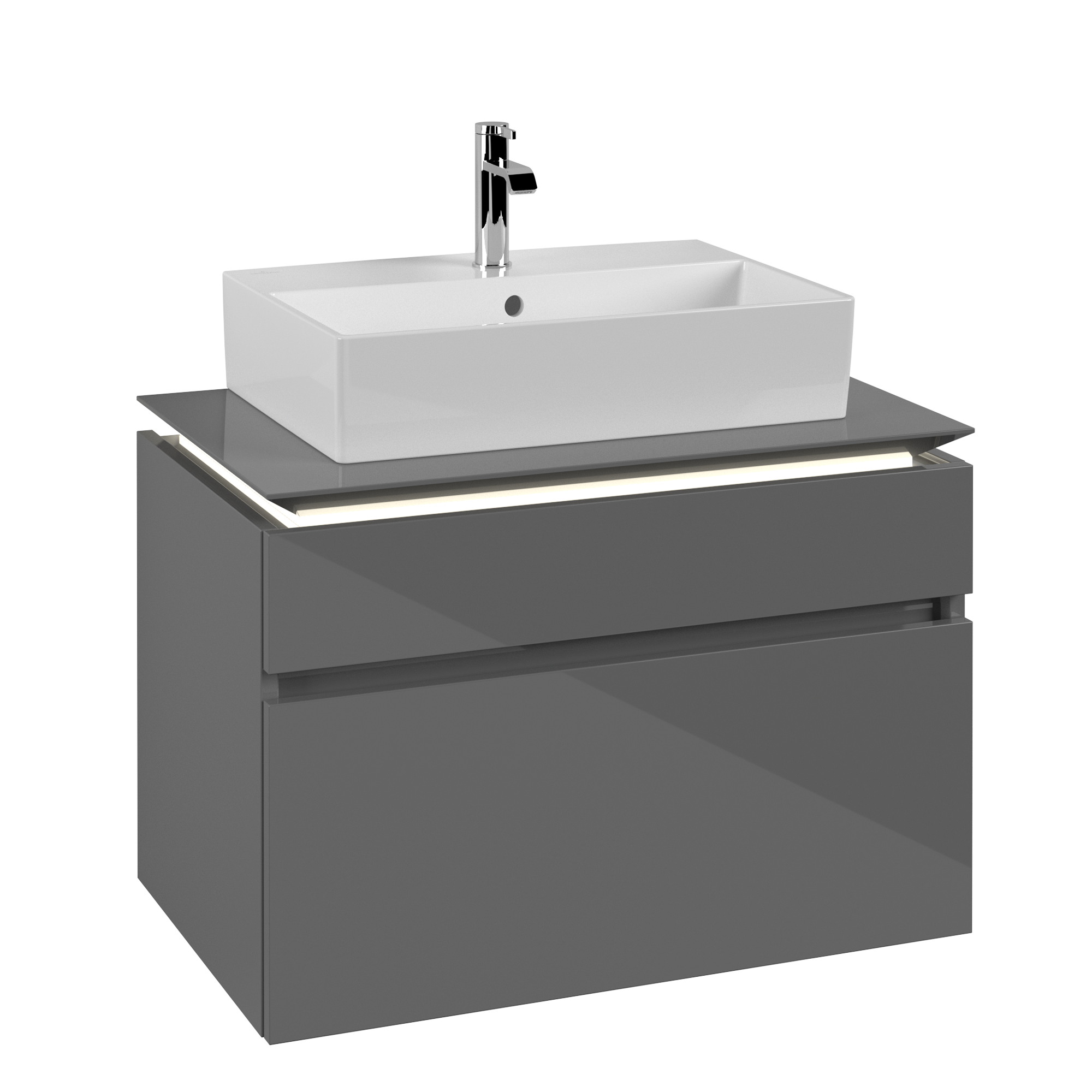 Villeroy & Boch Legato Meuble sous plan, avec éclairage, 2 tiroirs sur rails, 800x550x500mm, Caisson: Glossy Grey, Façade: Glossy Grey