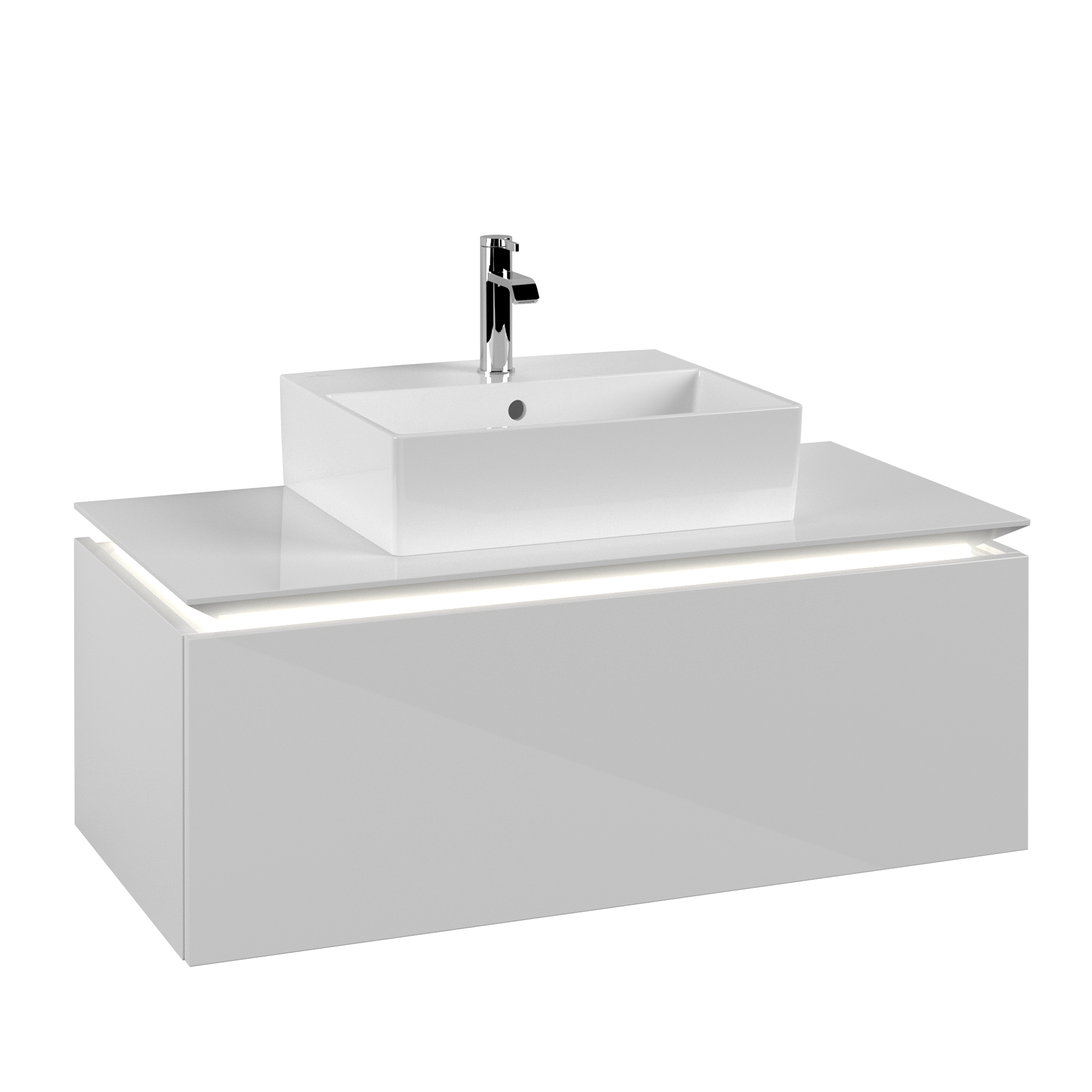 Villeroy & Boch Legato Meuble sous plan, avec éclairage, 1 tiroir sur rails, 1000x380x500mm, Caisson: Glossy White, Façade: Glossy White