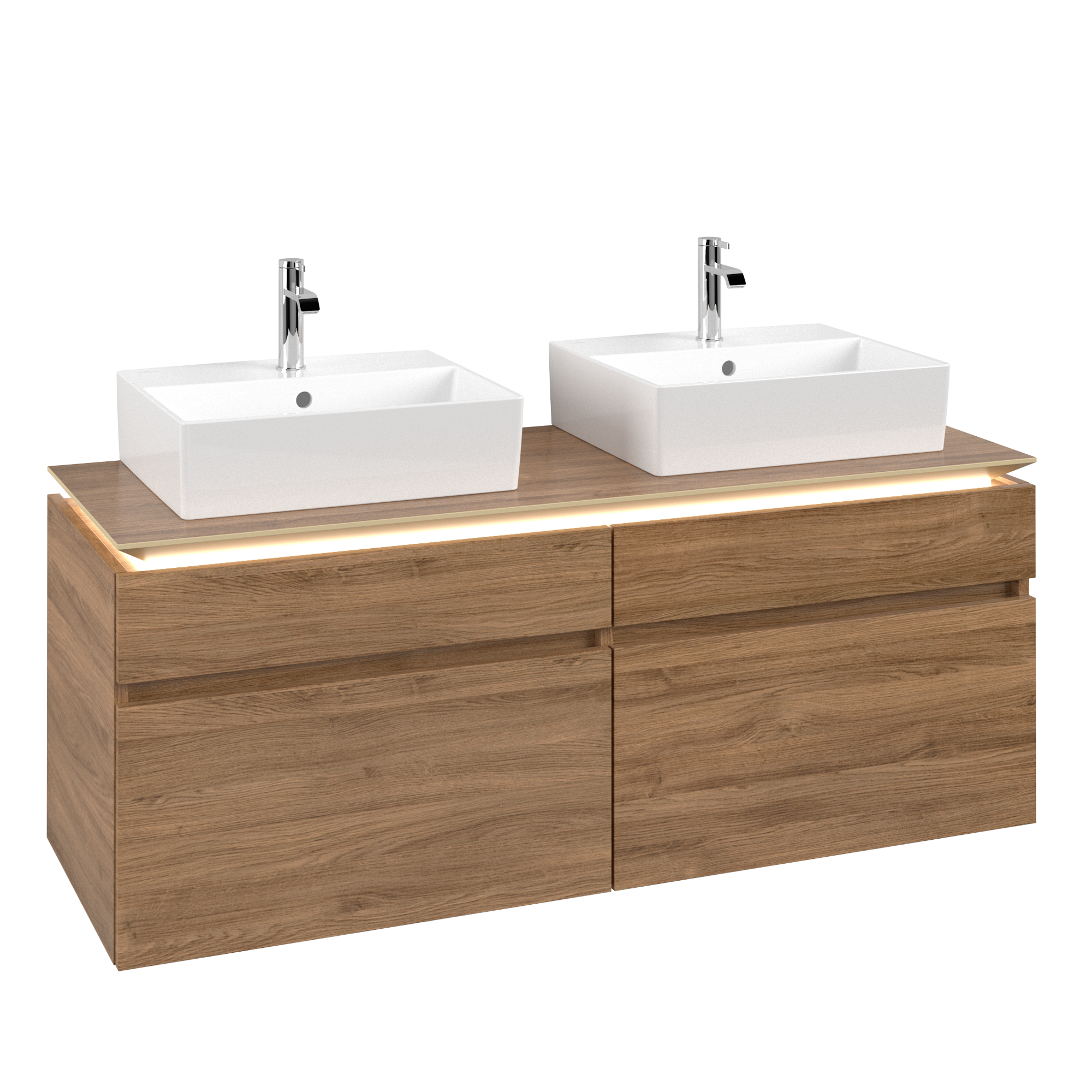 Villeroy & Boch Legato Meuble sous plan, avec éclairage, 4 tiroirs sur rails, 1400x550x500mm, Caisson: Oak Kansas, Façade: Oak Kansas