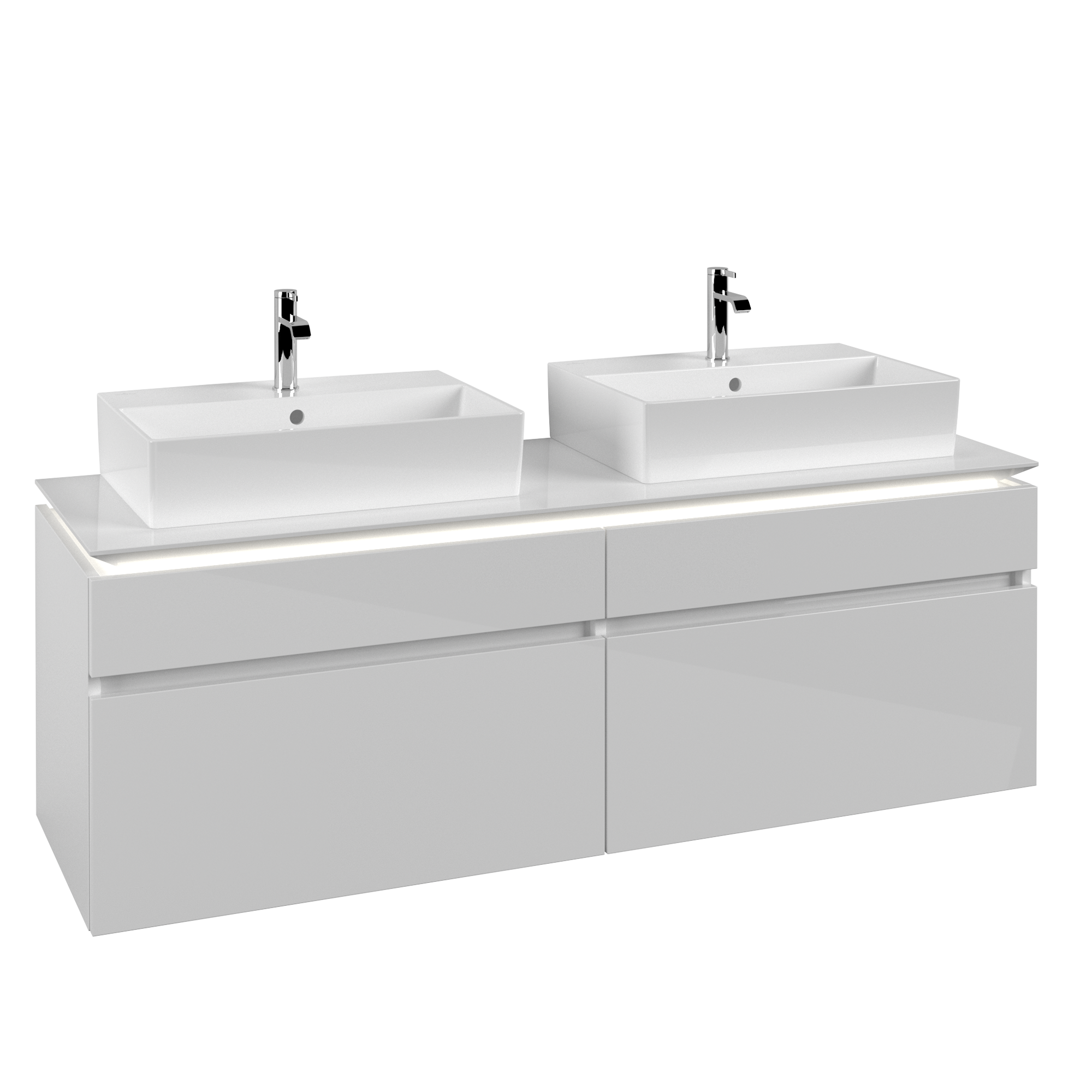 Villeroy & Boch Legato Meuble sous plan, avec éclairage, 4 tiroirs sur rails, 1600x550x500mm, Caisson: Glossy White, Façade: Glossy White