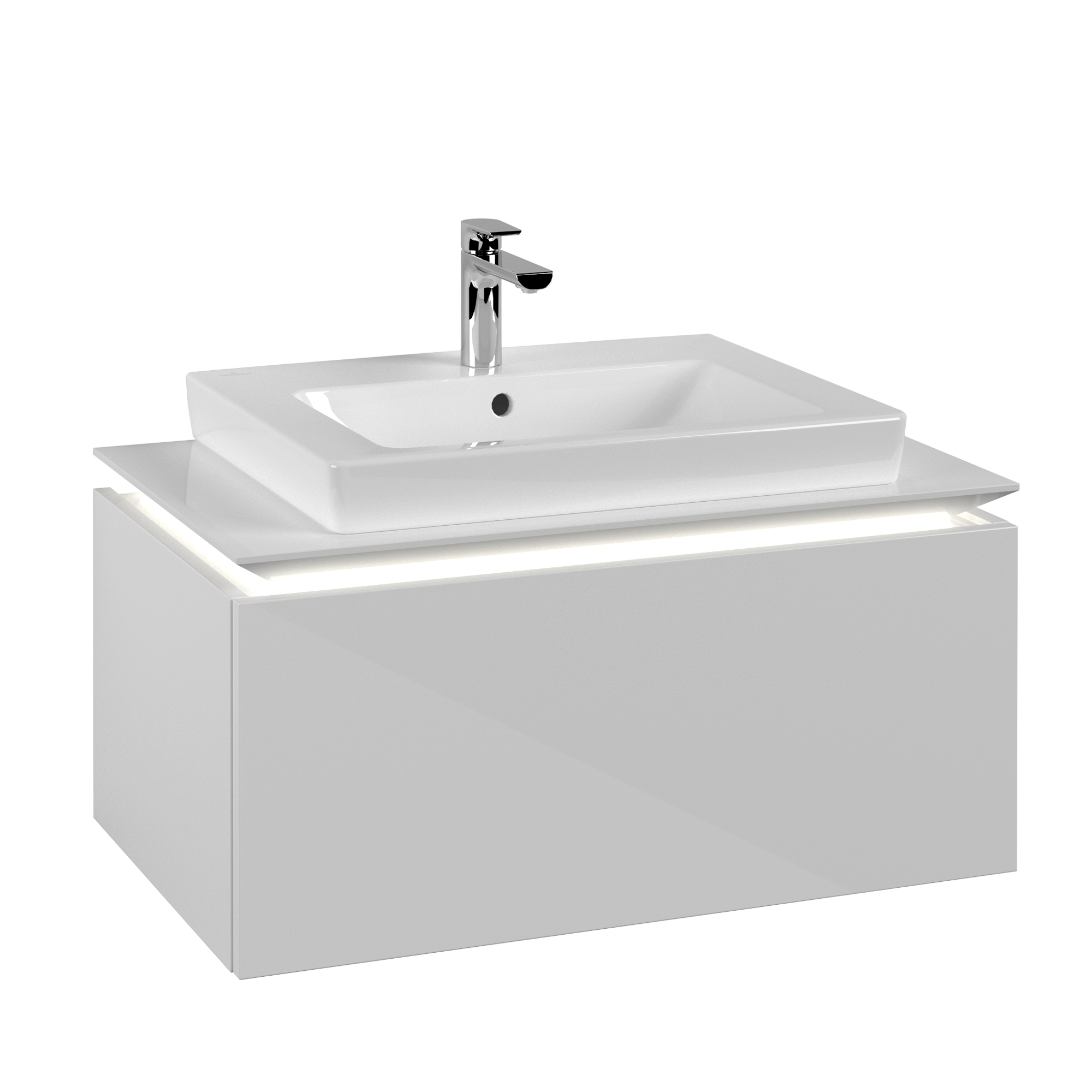 Villeroy & Boch Legato Meuble sous plan, avec éclairage, 1 tiroir sur rails, 800x380x500mm, Caisson: Glossy White, Façade: Glossy White