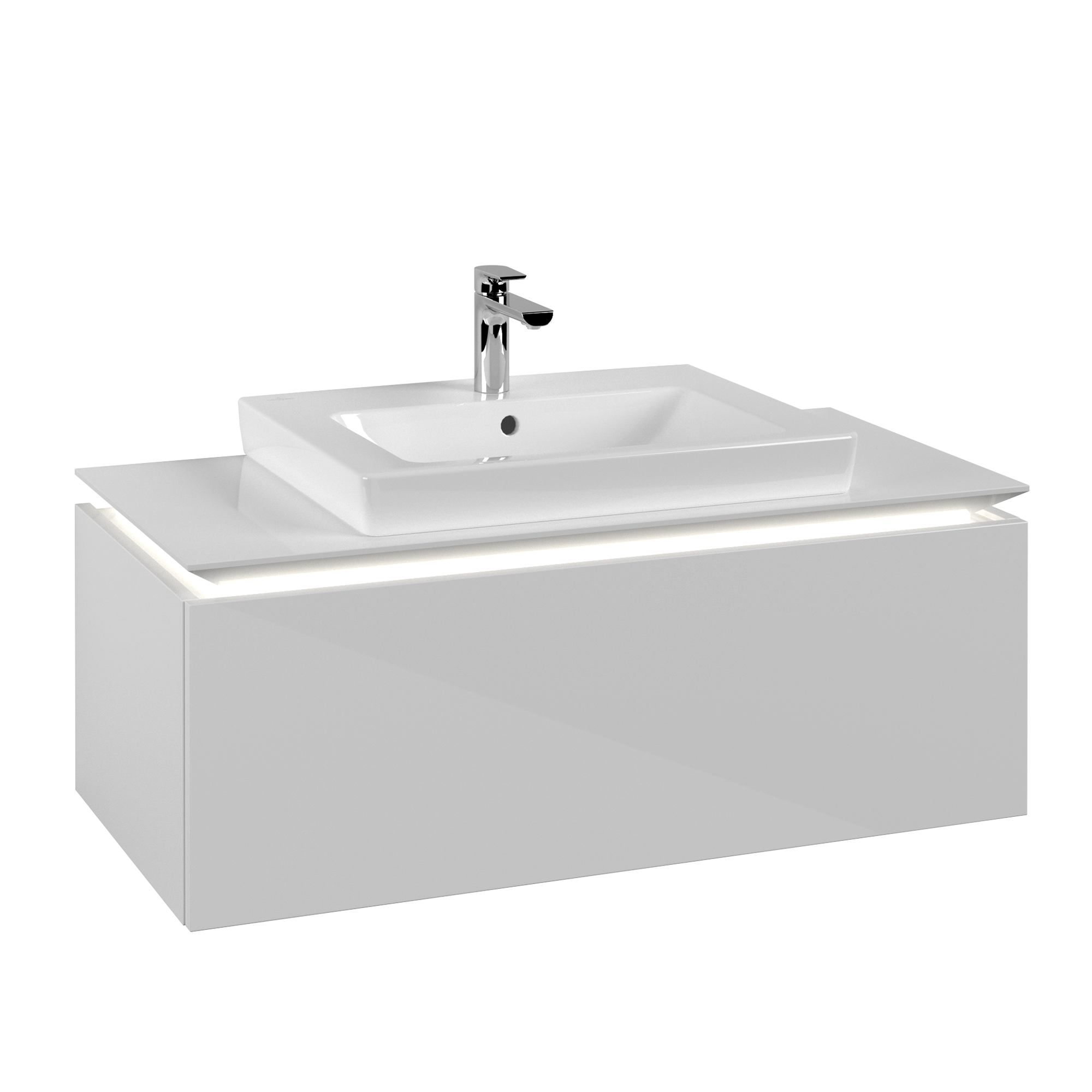 Villeroy & Boch Legato Meuble sous plan, avec éclairage, 1 tiroir sur rails, 1000x380x500mm, Caisson: Glossy White, Façade: Glossy White