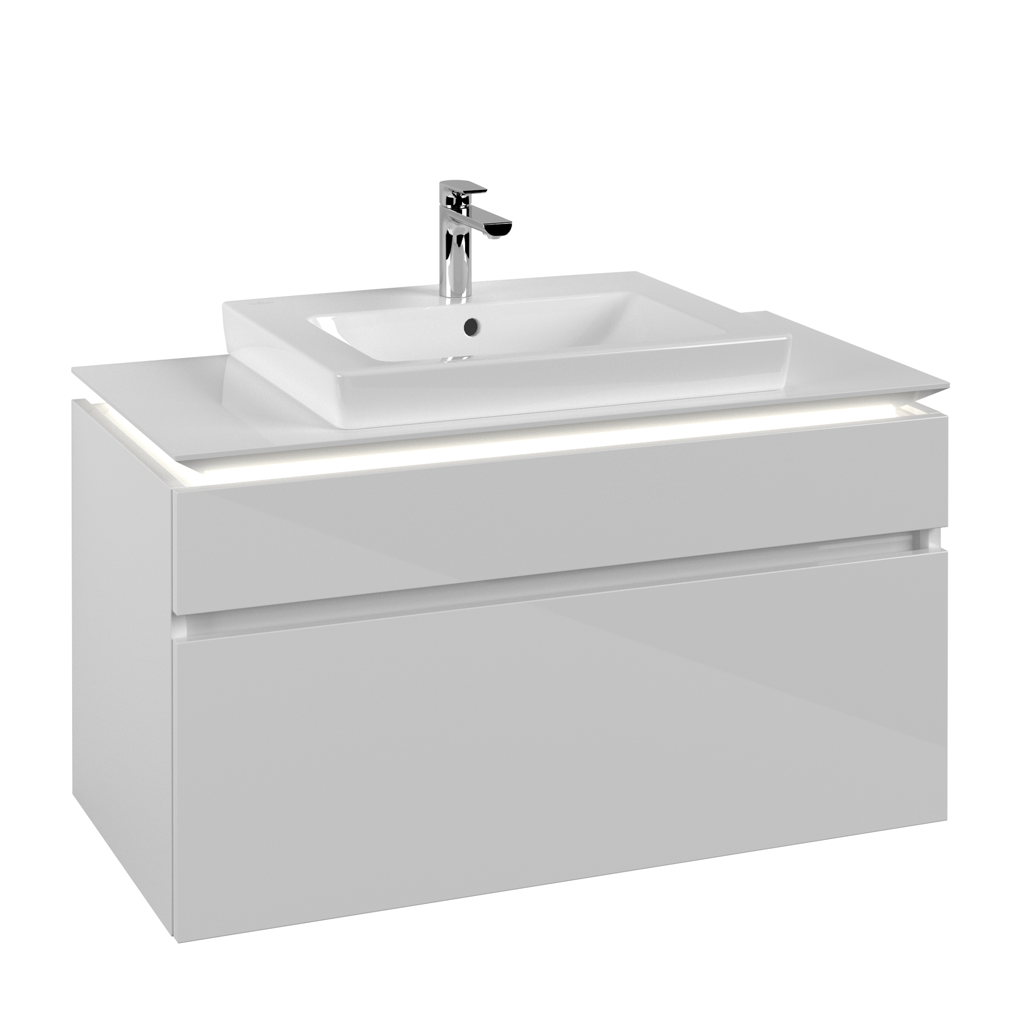 Villeroy & Boch Legato Meuble sous plan, avec éclairage, 2 tiroirs sur rails, 1000x550x500mm, Caisson: Glossy White, Façade: Glossy White